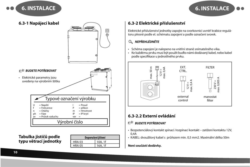 Ke každému prvku musí být použit buďto námi dodávaný kabel, nebo kabel podle specifikace u jednotlivého prvku. Elektrické parametry jsou uvedeny na výrobním štítku max. 50 m 12 V = max. 0,4A EXT.