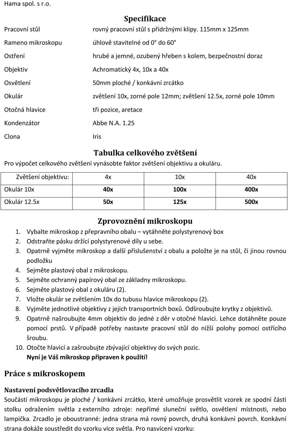 ploché / konkávní zrcátko zvětšení 10x, zorné pole 12mm; zvětšení 12.5x, zorné pole 10mm tři pozice, aretace Kondenzátor Abbe N.A. 1.25 Clona Iris Tabulka celkového zvětšení Pro výpočet celkového zvětšení vynásobte faktor zvětšení objektivu a okuláru.