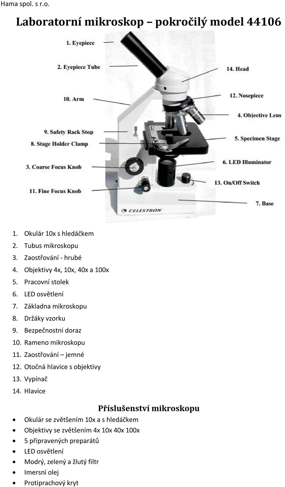 Rameno mikroskopu 11. Zaostřování jemné 12. Otočná hlavice s objektivy 13. Vypínač 14.