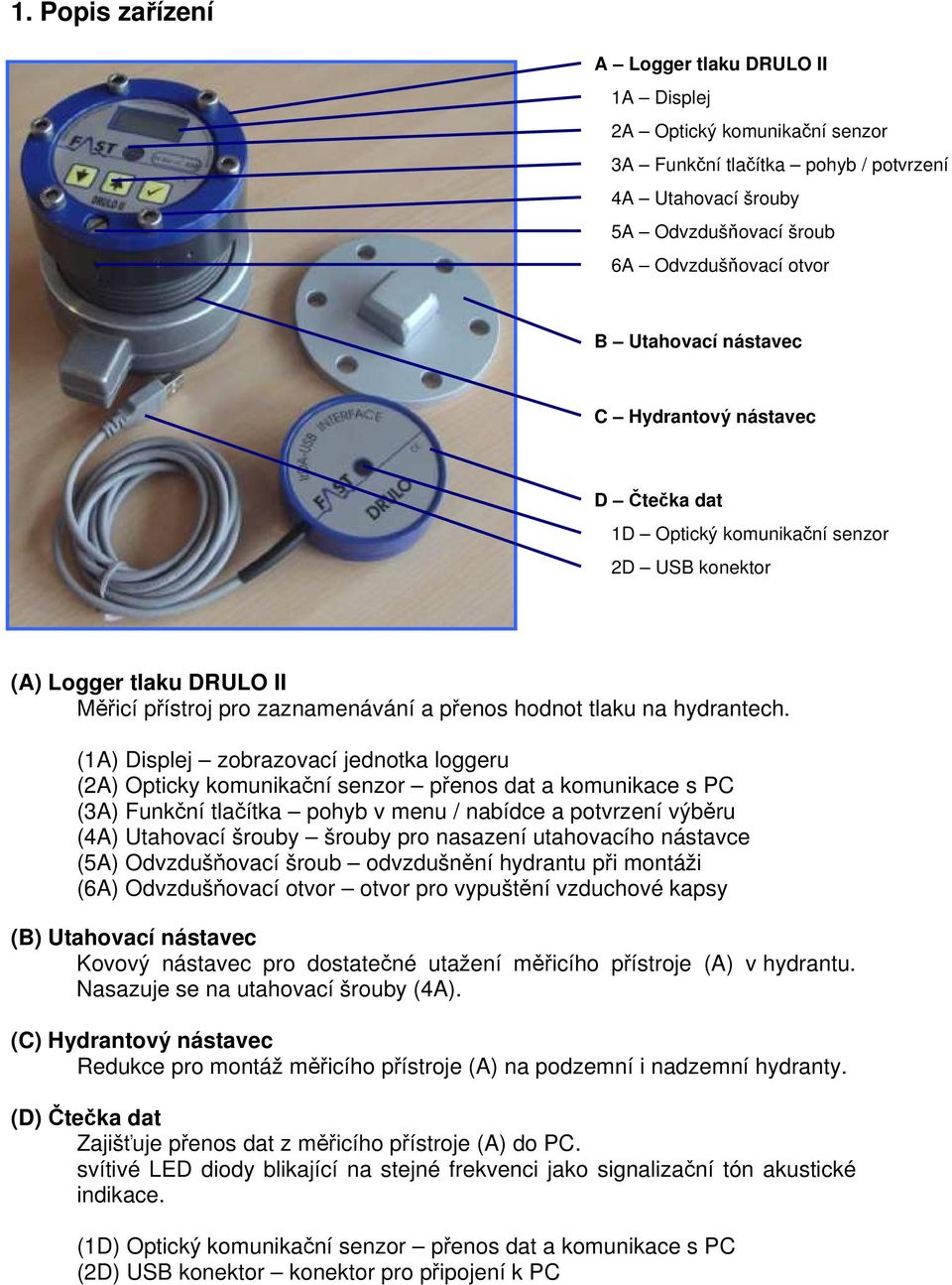 (1A) Displej zobrazovací jednotka loggeru (2A) Opticky komunikační senzor přenos dat a komunikace s PC (3A) Funkční tlačítka pohyb v menu / nabídce a potvrzení výběru (4A) Utahovací šrouby šrouby pro