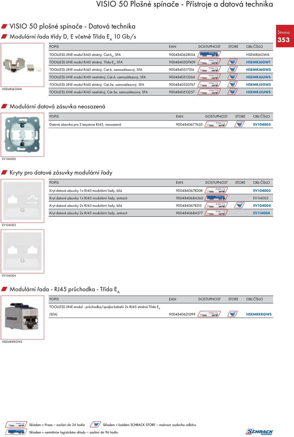 6, samozářezový, SFA 9004840517316 HSEMRJ6GWS TOOLLESS LINE modul RJ45 nestíněný, Cat.6, samozářezový, SFA 9004840513264 HSEMRJ6UWS HSEMRJ6GWA TOOLLESS LINE modul RJ45 stíněný, Cat.