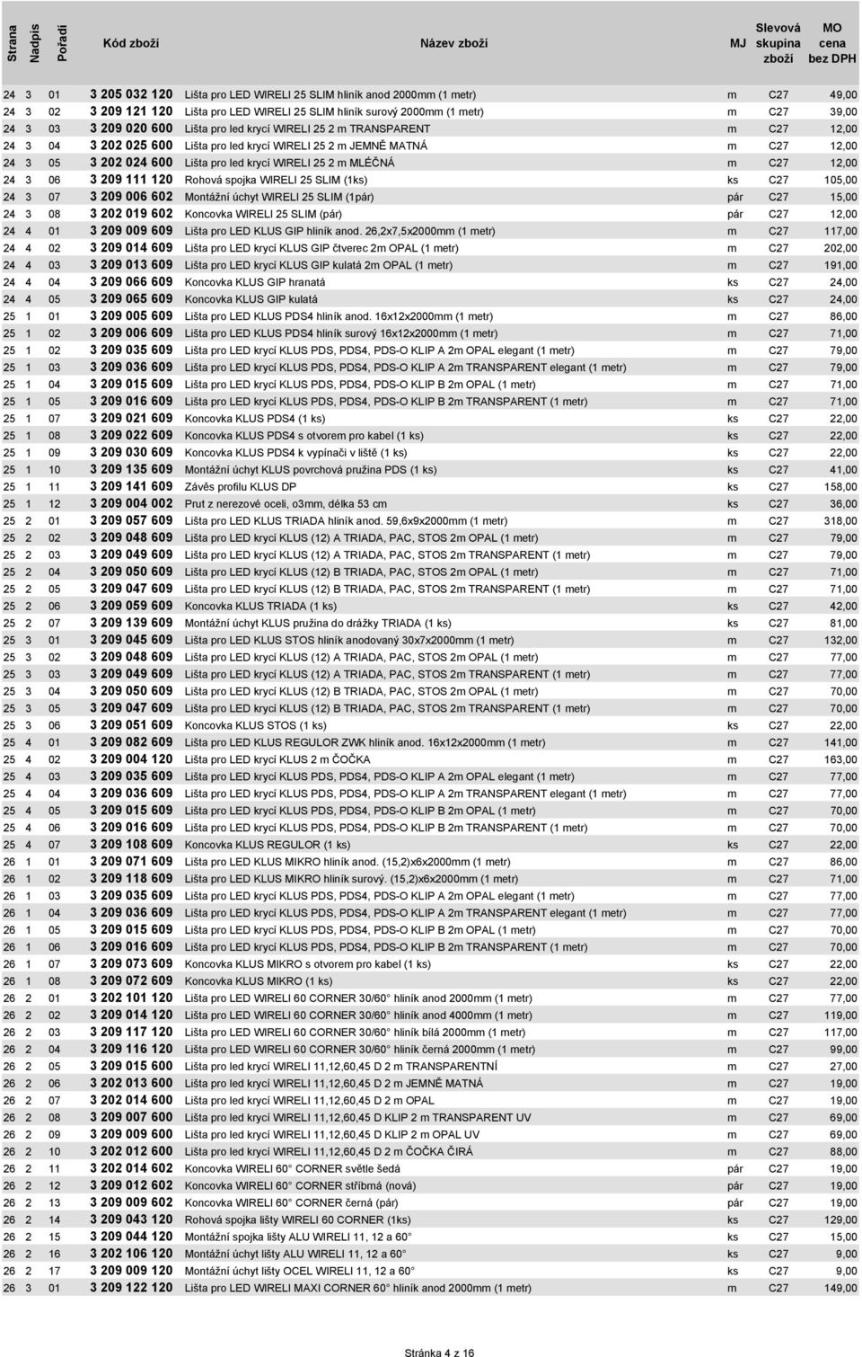 m MLÉČNÁ m C27 12,00 24 3 06 3 209 111 120 Rohová spojka WIRELI 25 SLIM (1ks) ks C27 105,00 24 3 07 3 209 006 602 Montážní úchyt WIRELI 25 SLIM (1pár) pár C27 15,00 24 3 08 3 202 019 602 Koncovka