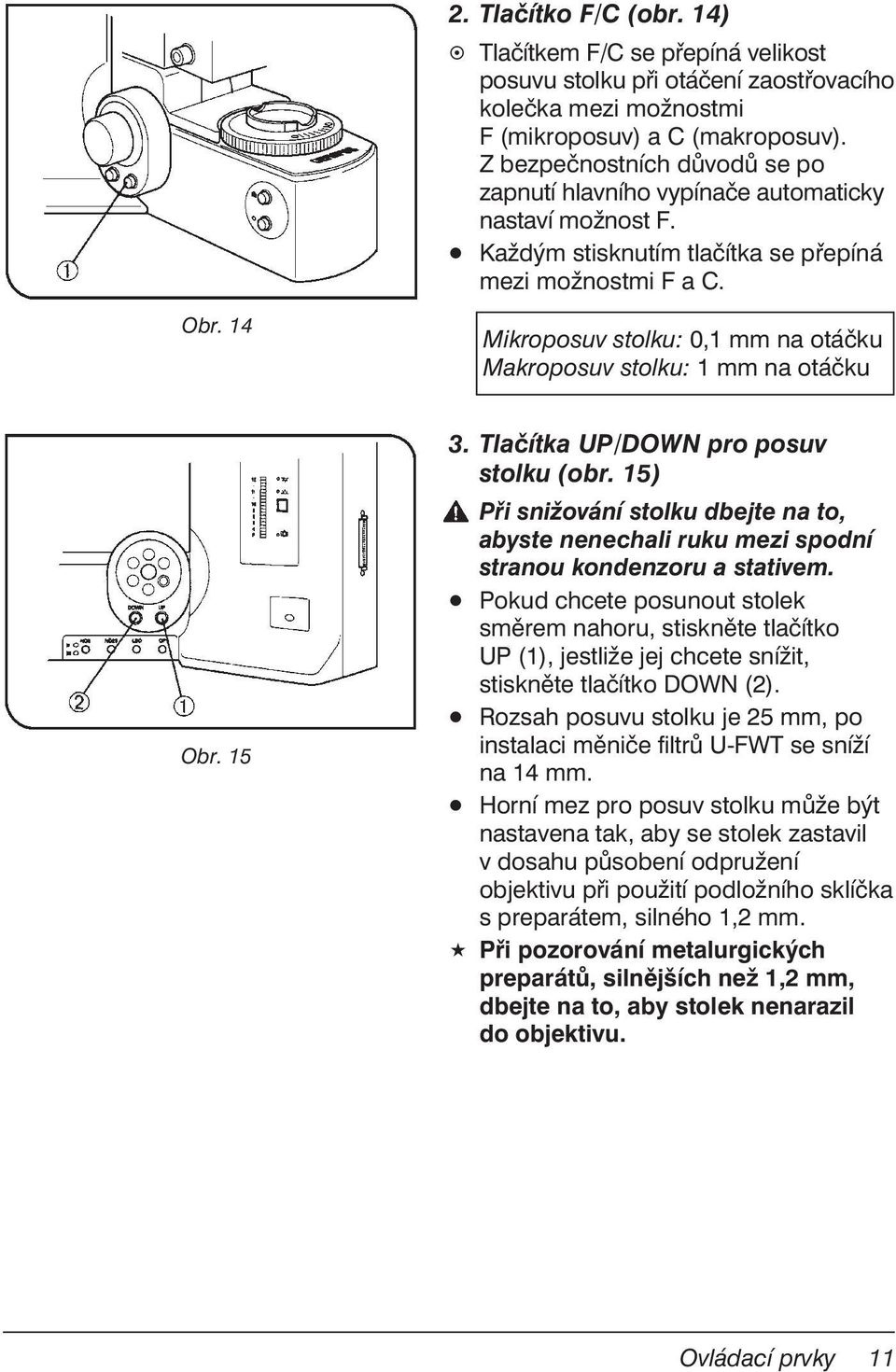 14 Mikroposuv stolku: 0,1 mm na otáčku Makroposuv stolku: 1 mm na otáčku Obr. 15 3. Tlačítka UP/DOWN pro posuv stolku (obr.