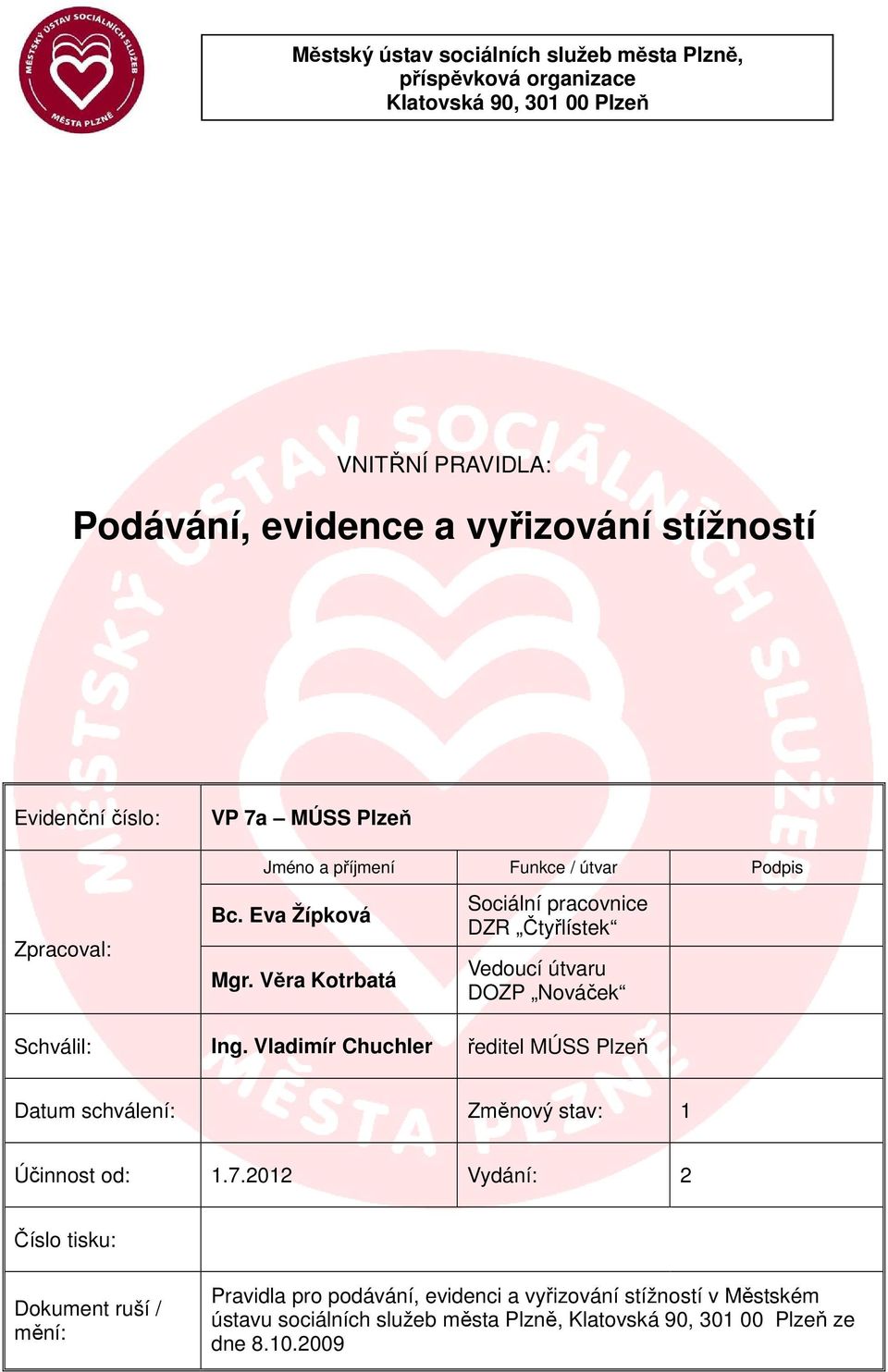 Věra Kotrbatá Sociální pracovnice DZR Čtyřlístek Vedoucí útvaru DOZP Nováček Schválil: Ing.