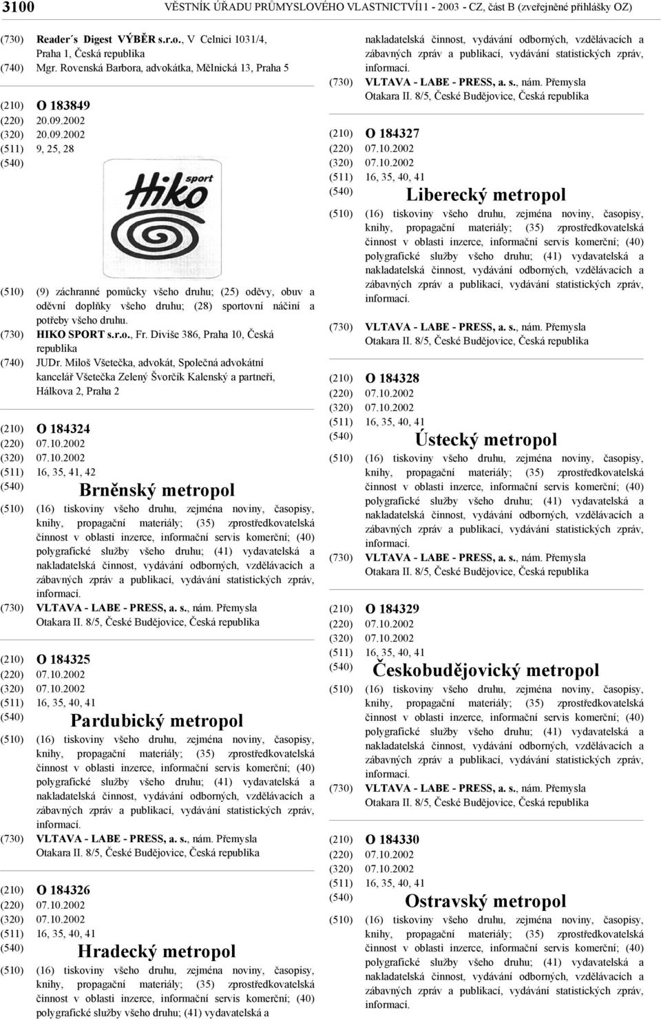 2002 20.09.2002 9, 25, 28 (9) záchranné pomůcky všeho druhu; (25) oděvy, obuv a oděvní doplňky všeho druhu; (28) sportovní náčiní a potřeby všeho druhu. HIKO SPORT s.r.o., Fr.