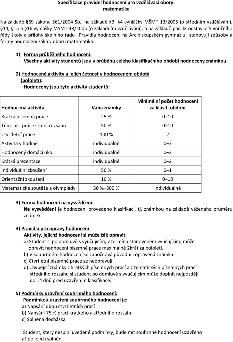 IX odstavce 5 vnitřního řády školy a přílohy školního řádu Pravidla hodnocení na Arcibiskupském gymnáziu stanovuji způsoby a formy hodnocení žáka v oboru matematika: 1) Forma průběžného hodnocení: