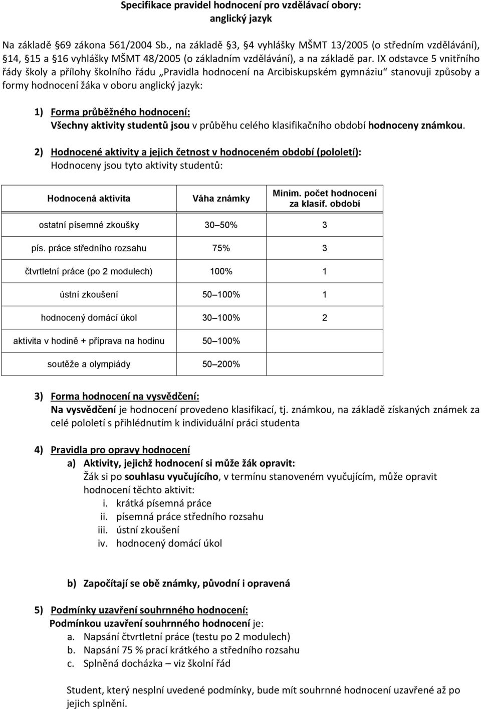 IX odstavce 5 vnitřního řády školy a přílohy školního řádu Pravidla hodnocení na Arcibiskupském gymnáziu stanovuji způsoby a formy hodnocení žáka v oboru anglický jazyk: 1) Forma průběžného