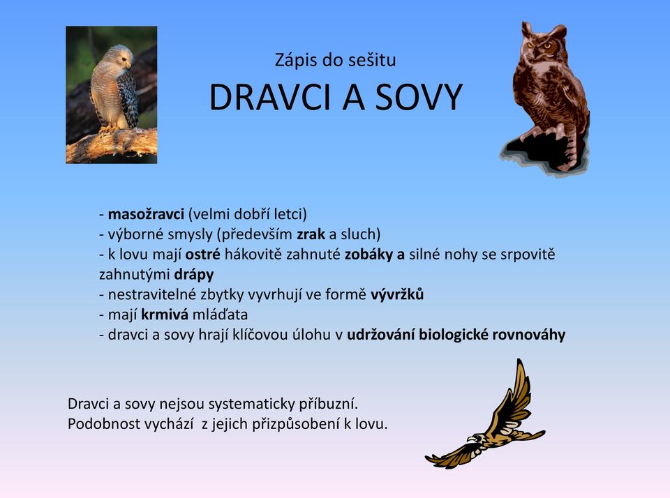 zbytky vyvrhují ve formě vývržků - mají krmivá mláďata - dravci a sovy hrají klíčovou úlohu v udržování