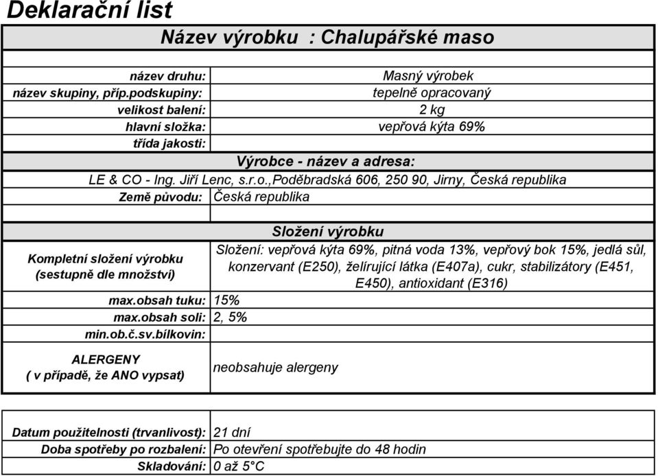 15%, jedlá sůl, konzervant (E250), želírující látka (E407a),