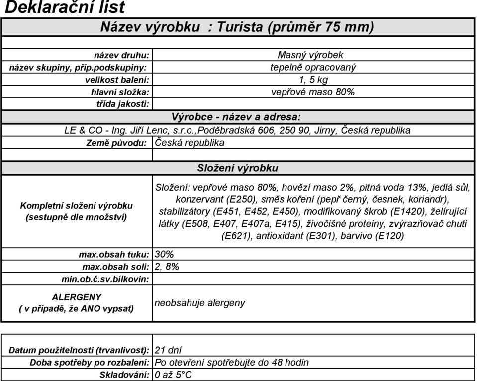 stabilizátory (E451, E452, E450), modifikovaný škrob (E1420), želírující látky (E508, E407, E407a, E415),