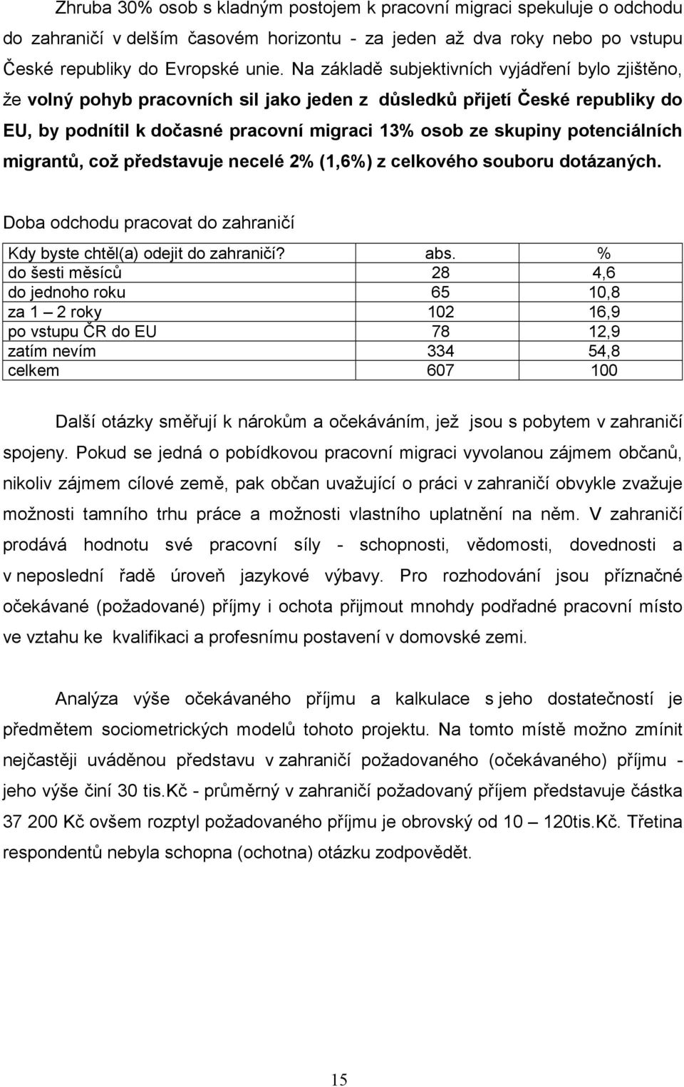 potenciálních migrantů, což představuje necelé 2% (1,6%) z celkového souboru dotázaných. Doba odchodu pracovat do zahraničí Kdy byste chtěl(a) odejit do zahraničí? abs.