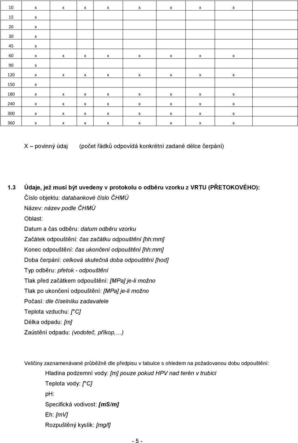 3 Údaje, jež musí být uvedeny v protokolu o odběru vzorku z VRTU (PŘETOKOVÉHO): Číslo objektu: databankové číslo ČHMÚ Název: název podle ČHMÚ Oblast: Datum a čas odběru: datum odběru vzorku Začátek