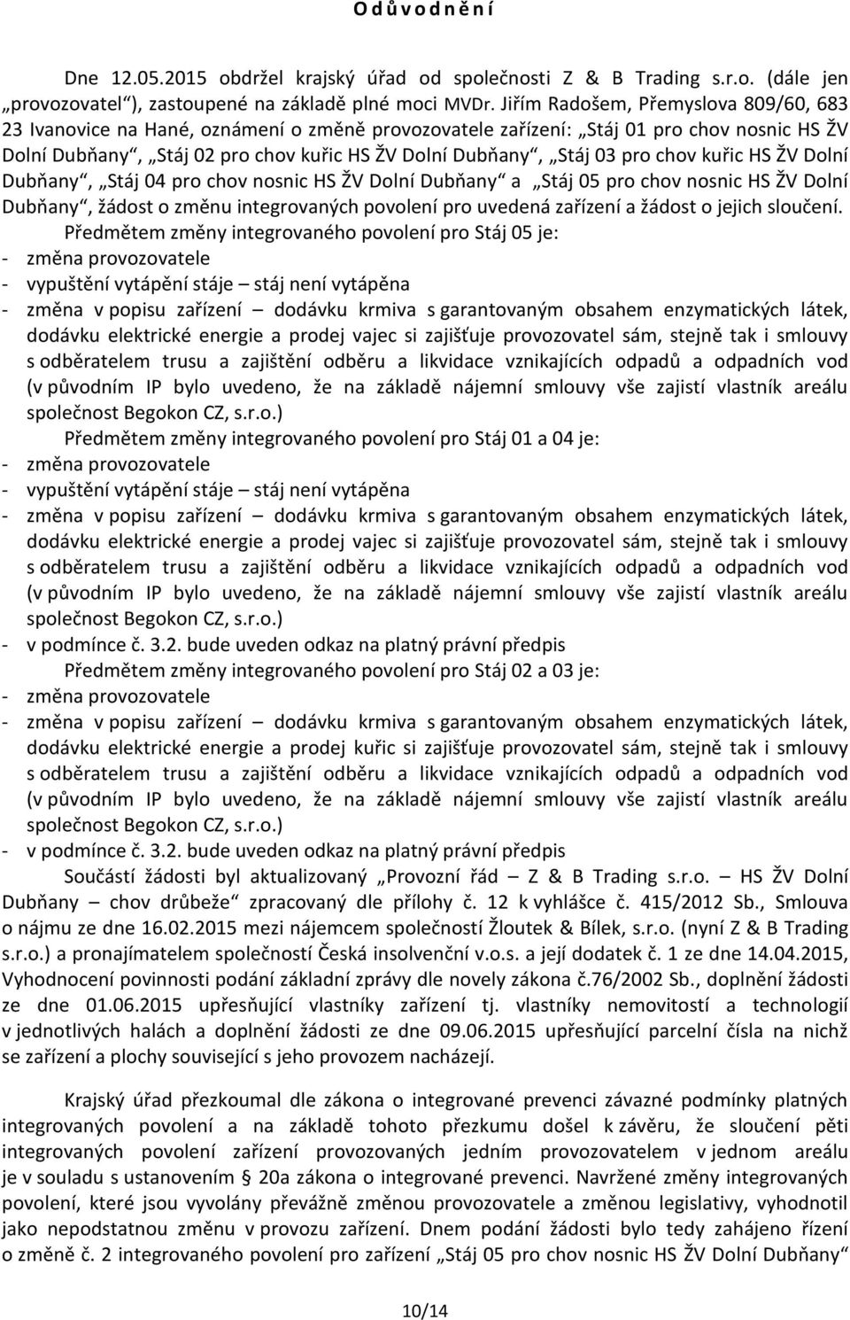 pro chov kuřic HS ŽV Dolní Dubňany, Stáj 04 pro chov nosnic HS ŽV Dolní Dubňany a Stáj 05 pro chov nosnic HS ŽV Dolní Dubňany, žádost o změnu integrovaných povolení pro uvedená zařízení a žádost o