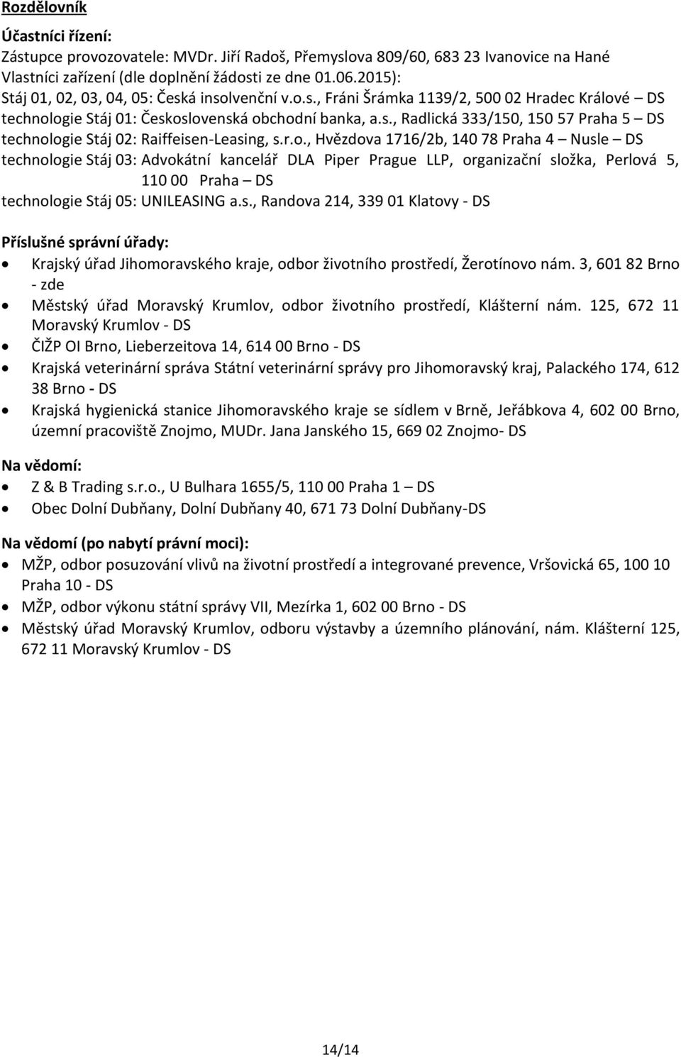 r.o., Hvězdova 1716/2b, 140 78 Praha 4 Nusle DS technologie Stáj 03: Advokátní kancelář DLA Piper Prague LLP, organizační složka, Perlová 5, 110 00 Praha DS technologie Stáj 05: UNILEASING a.s., Randova 214, 339 01 Klatovy - DS Příslušné správní úřady: Krajský úřad Jihomoravského kraje, odbor životního prostředí, Žerotínovo nám.