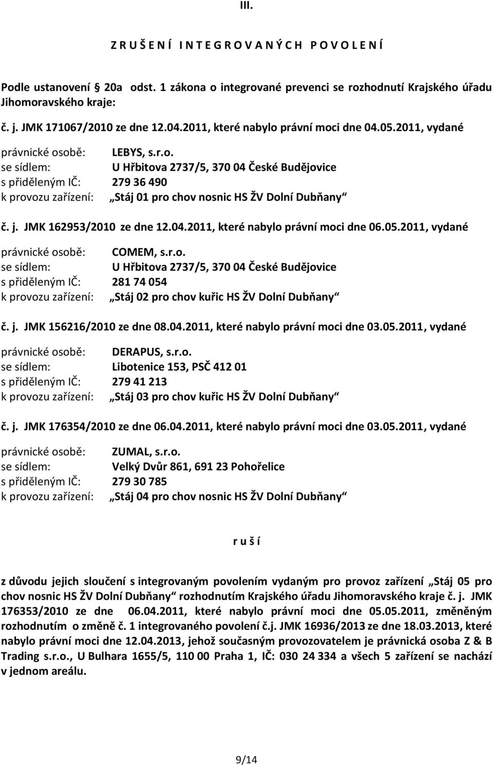 j. JMK 162953/2010 ze dne 12.04.2011, které nabylo právní moci dne 06.05.2011, vydané právnické osobě: COMEM, s.r.o. U Hřbitova 2737/5, 370 04 České Budějovice s přiděleným IČ: 281 74 054 k provozu zařízení: Stáj 02 pro chov kuřic HS ŽV Dolní Dubňany č.