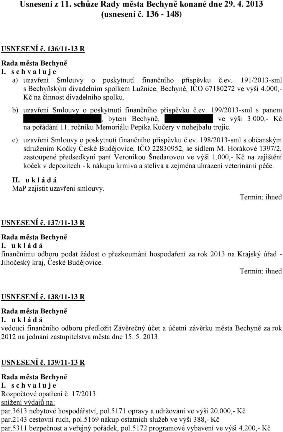 199/2013-sml s panem xxxxxxxxxxxxxxxxxxxxx, bytem Bechyně, xxxxxxxxxxxxx ve výši 3.000,- Kč na pořádání 11. ročníku Memoriálu Pepíka Kučery v nohejbalu trojic.