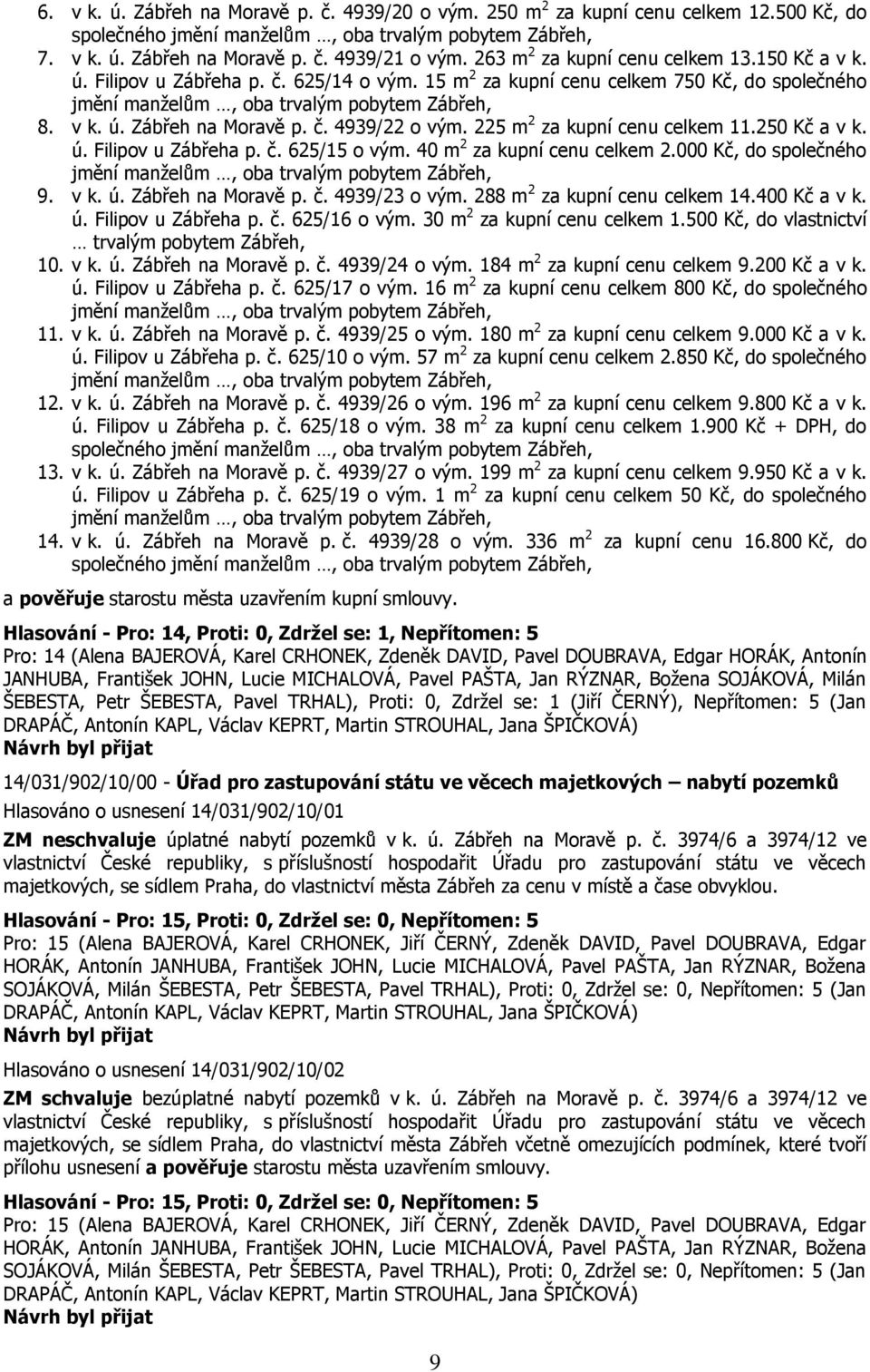 č. 4939/22 o vým. 225 m 2 za kupní cenu celkem 11.250 Kč a v k. ú. Filipov u Zábřeha p. č. 625/15 o vým. 40 m 2 za kupní cenu celkem 2.