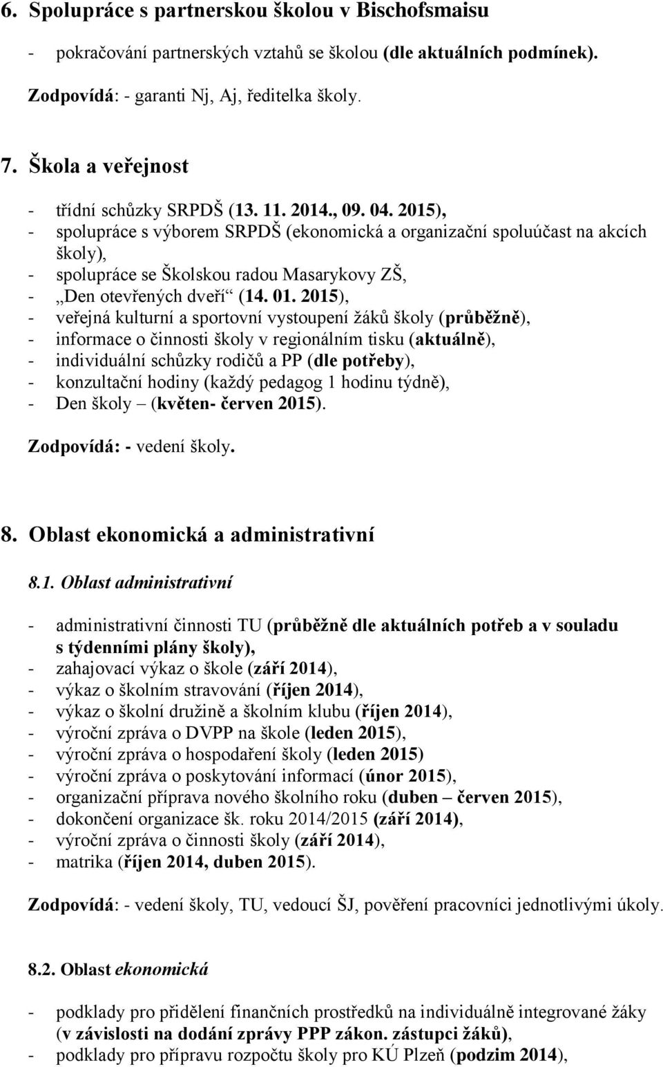 2015), - spolupráce s výborem SRPDŠ (ekonomická a organizační spoluúčast na akcích školy), - spolupráce se Školskou radou Masarykovy ZŠ, - Den otevřených dveří (14. 01.