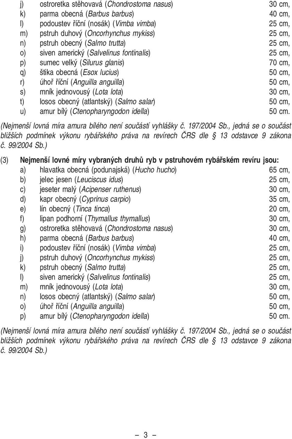 mník jednovous (Lota lota) 30 cm, t) losos obecn (atlantsk ) (Salmo salar) 50 cm, u) amur bíl (Ctenopharyngodon idella) 50 cm. (Nejmen í lovná míra amura bílého není souãástí vyhlá ky ã. 197/2004 Sb.