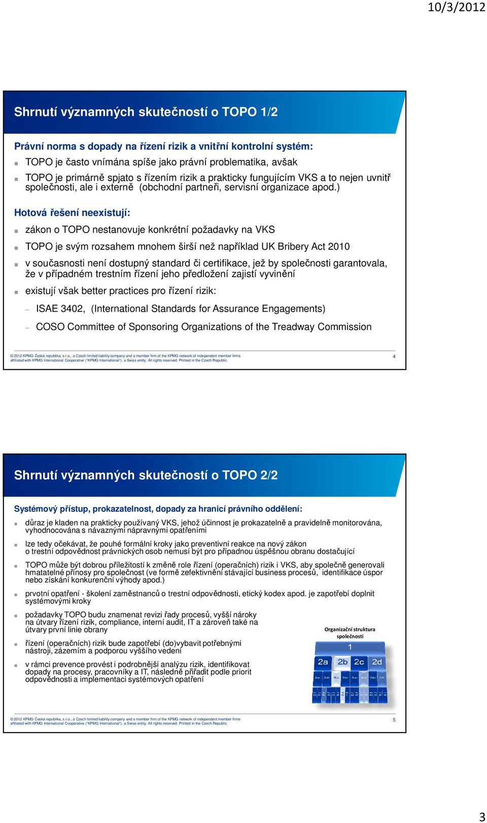 ) Hotová řešení neexistují: zákon o TOPO nestanovuje konkrétní požadavky na VKS TOPO je svým rozsahem mnohem širší než například UK Bribery Act 2010 v současnosti není dostupný standard či