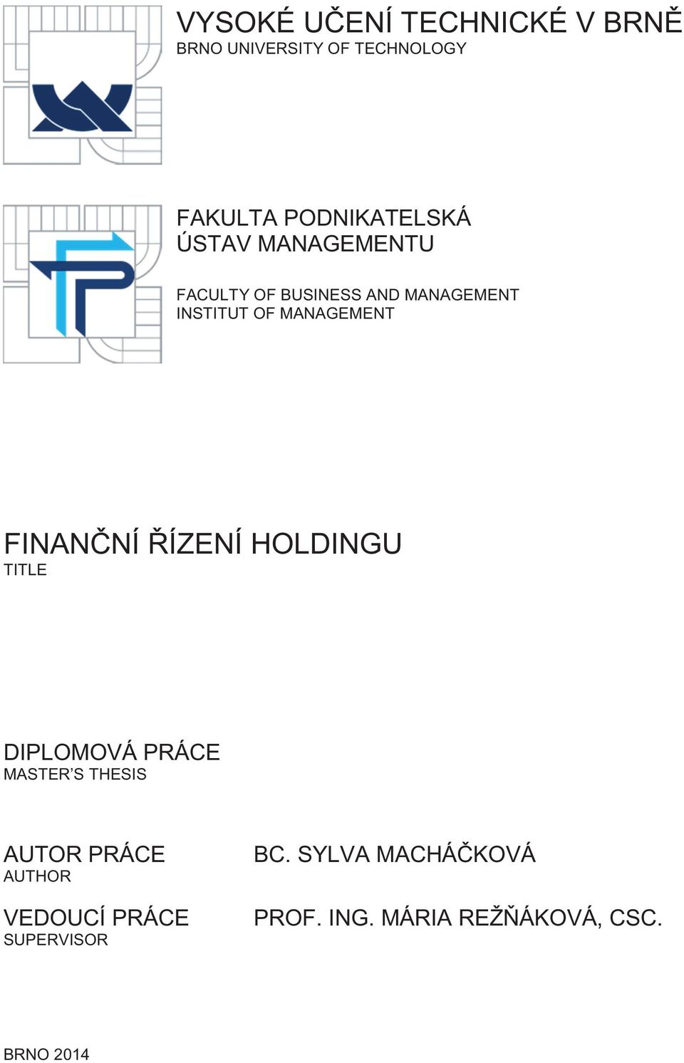 FINANNÍ ÍZENÍ HOLDINGU TITLE DIPLOMOVÁ PRÁCE MASTER S THESIS AUTOR PRÁCE AUTHOR