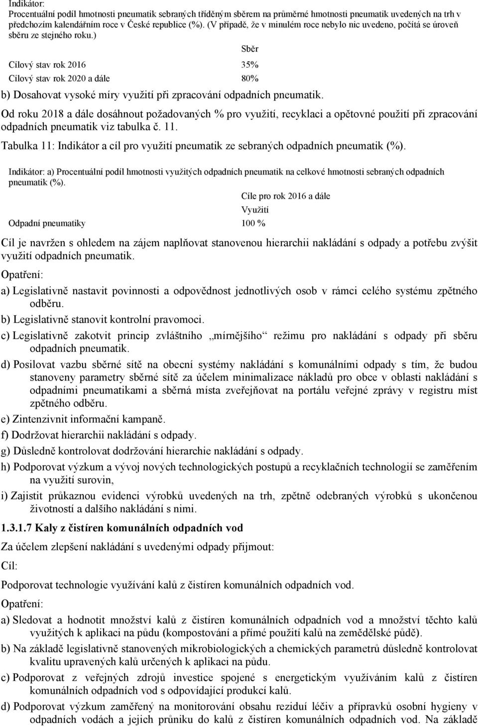 ) Sběr Cílový stav rok 2016 35% Cílový stav rok 2020 a dále 80% b) Dosahovat vysoké míry využití při zpracování odpadních pneumatik.