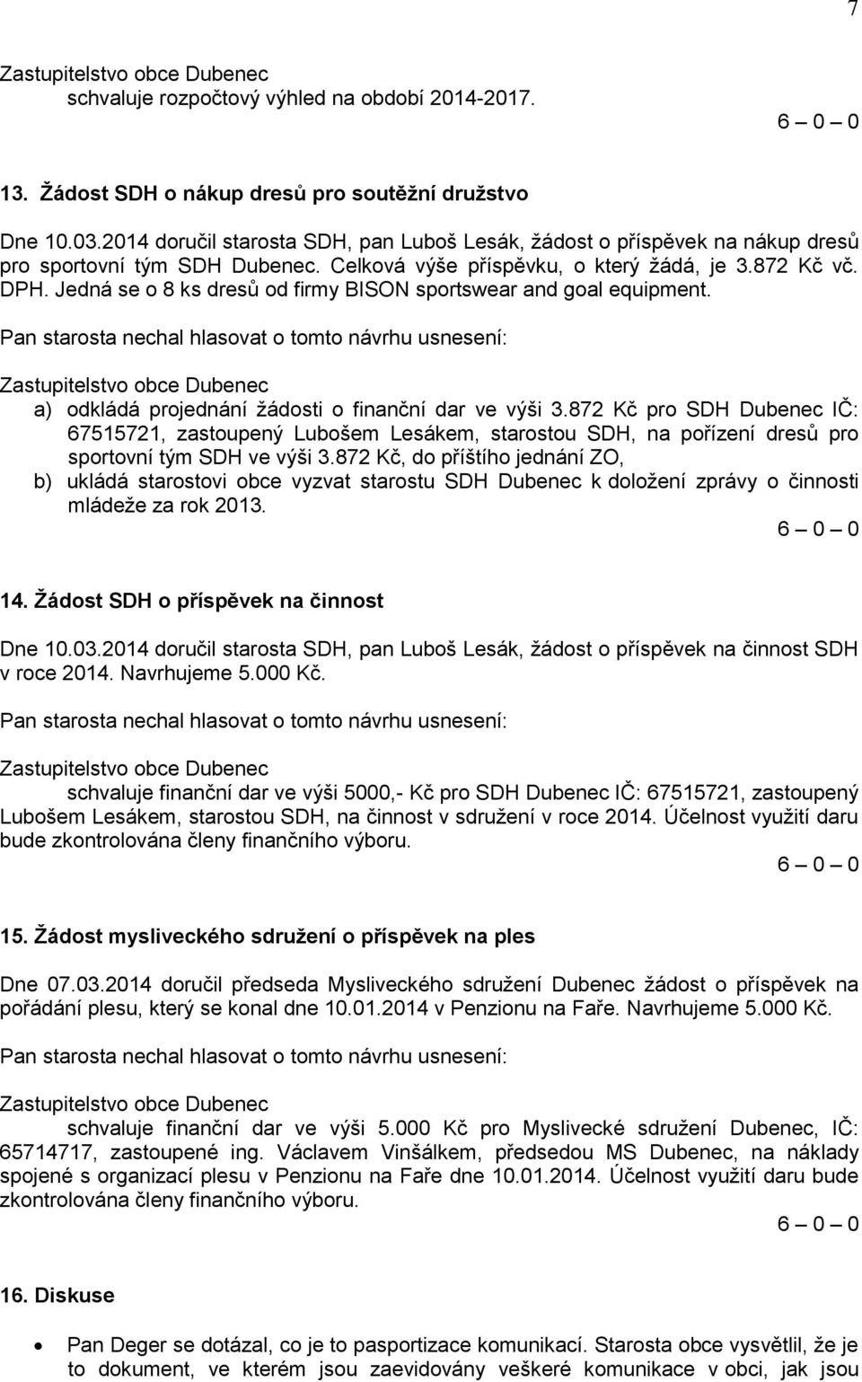 Jedná se o 8 ks dresů od firmy BISON sportswear and goal equipment. a) odkládá projednání žádosti o finanční dar ve výši 3.