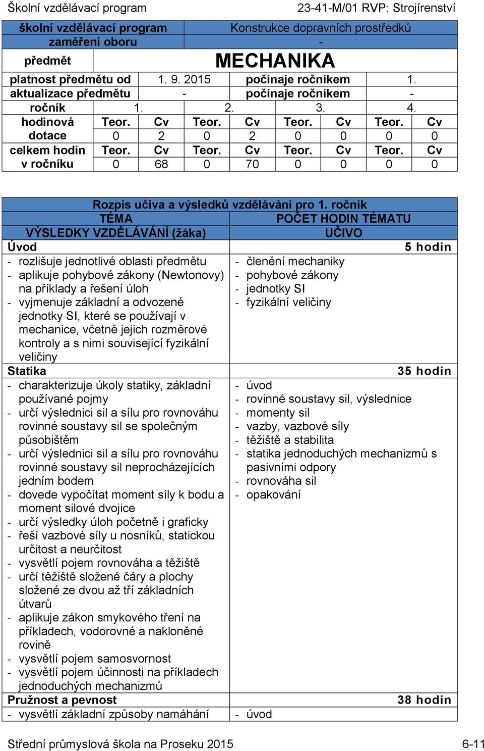 ročník Úvod 5 hodin - rozlišuje jednotlivé oblasti předmětu - členění mechaniky - aplikuje pohybové zákony (Newtonovy) - pohybové zákony na příklady a řešení úloh - jednotky SI - vyjmenuje základní a