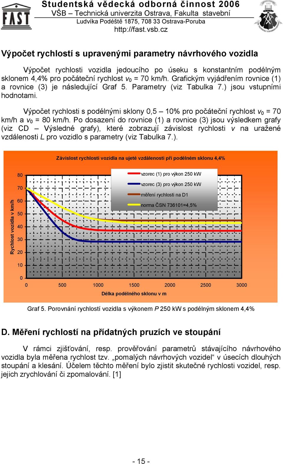 Výpočet rychlosti s podélnými sklony 0,5 10% pro počáteční rychlost v 0 = 70 km/h a v 0 = 80 km/h.