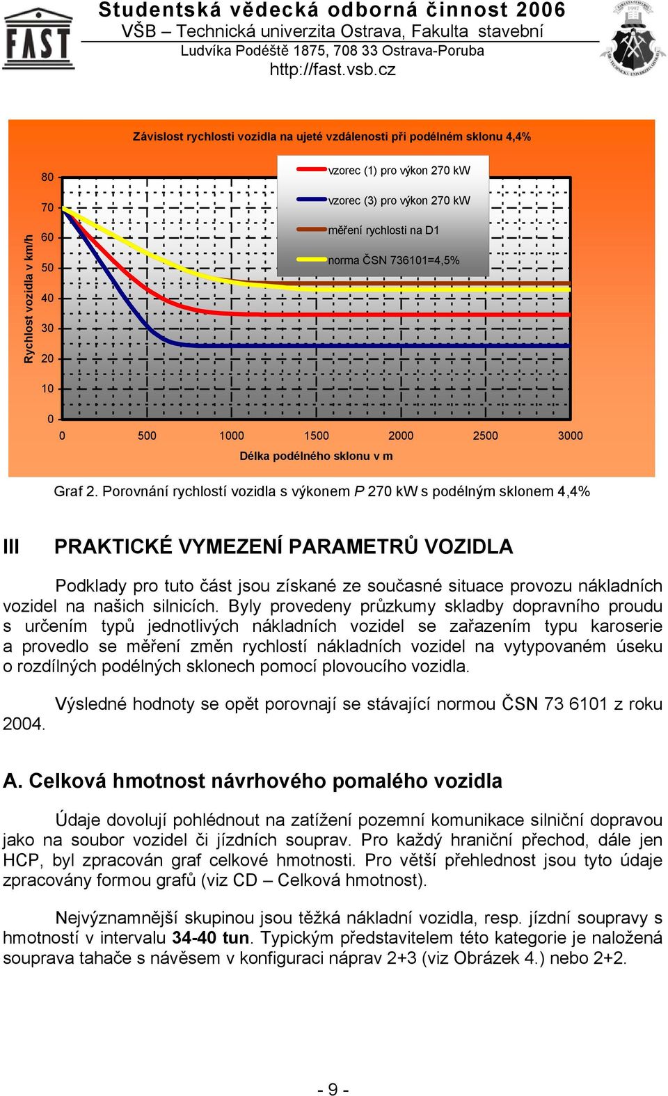 Porovnání rychlostí vozidla s výkonem P 270 kw s podélným sklonem 4,4% III PRAKTICKÉ VYMEZENÍ PARAMETRŮ VOZIDLA Podklady pro tuto část jsou získané ze současné situace provozu nákladních vozidel na