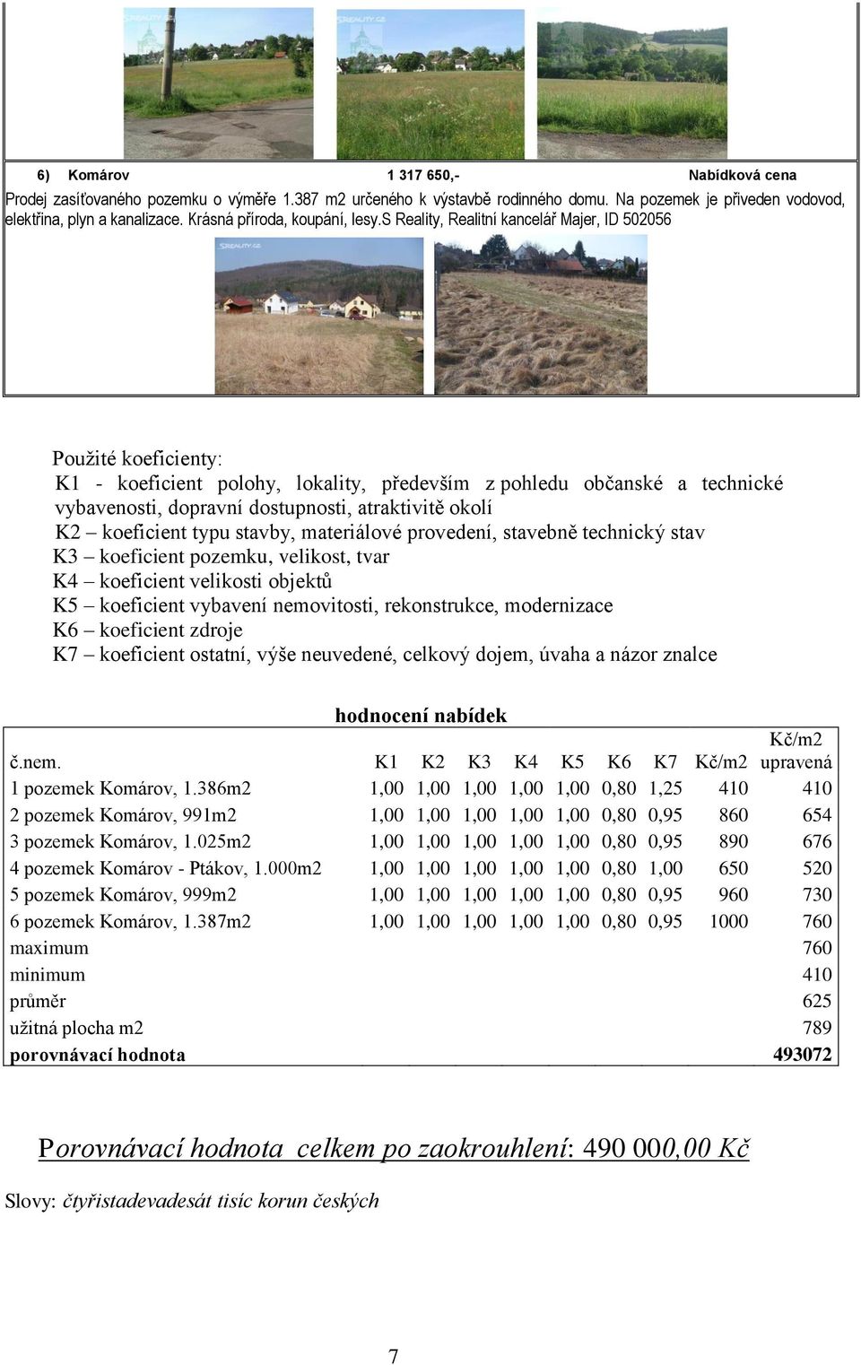 s Reality, Realitní kancelář Majer, ID 502056 Použité koeficienty: K1 - koeficient polohy, lokality, především z pohledu občanské a technické vybavenosti, dopravní dostupnosti, atraktivitě okolí K2