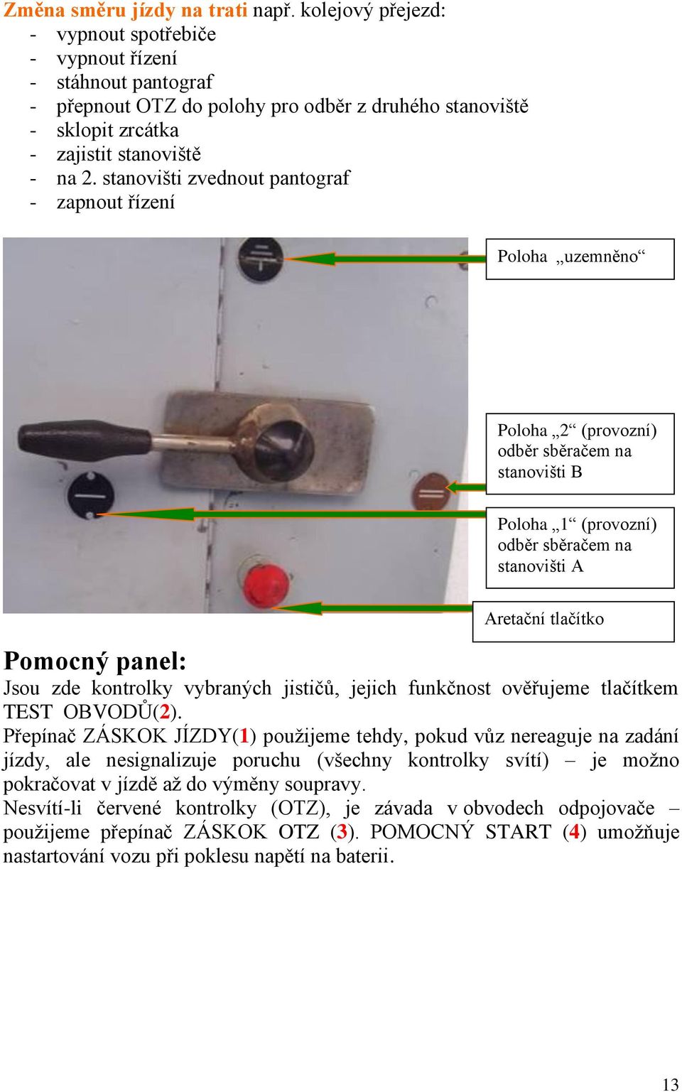 stanovišti zvednout pantograf - zapnout řízení Poloha uzemněno Poloha 2 (provozní) odběr sběračem na stanovišti B Poloha 1 (provozní) odběr sběračem na stanovišti A Aretační tlačítko Pomocný panel: