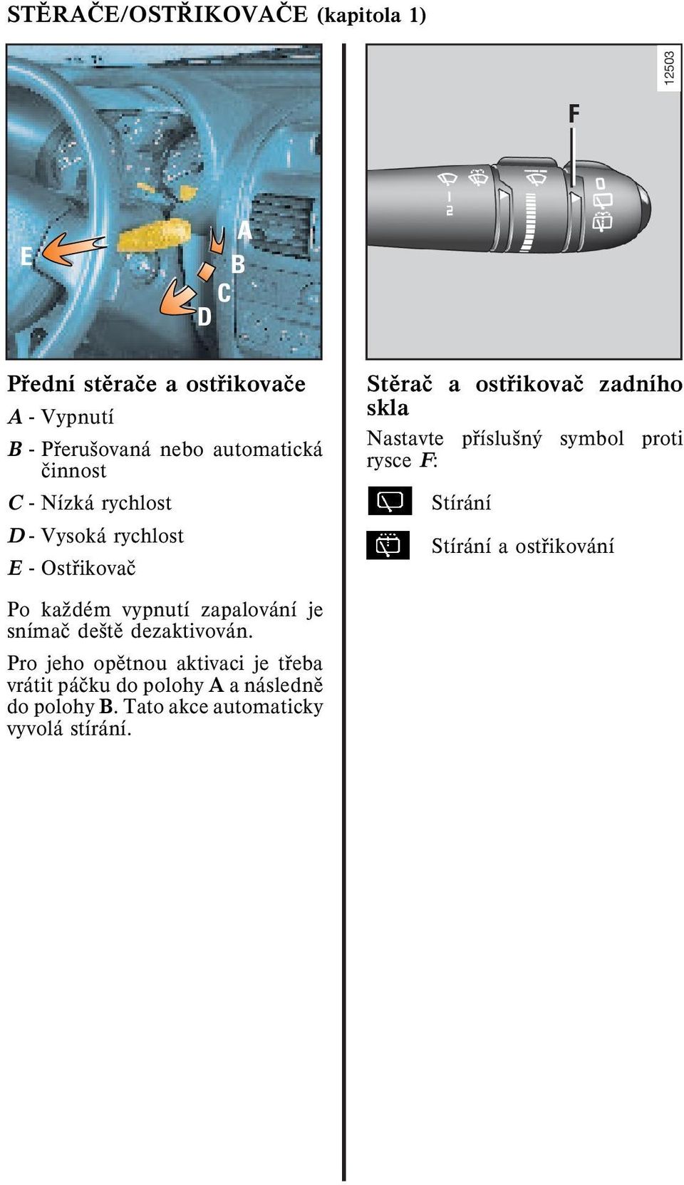 pøíslušný symbol proti rysce F: Stírání Stírání a ostøikování Po kaşdém vypnutí zapalování je snímaè deštì