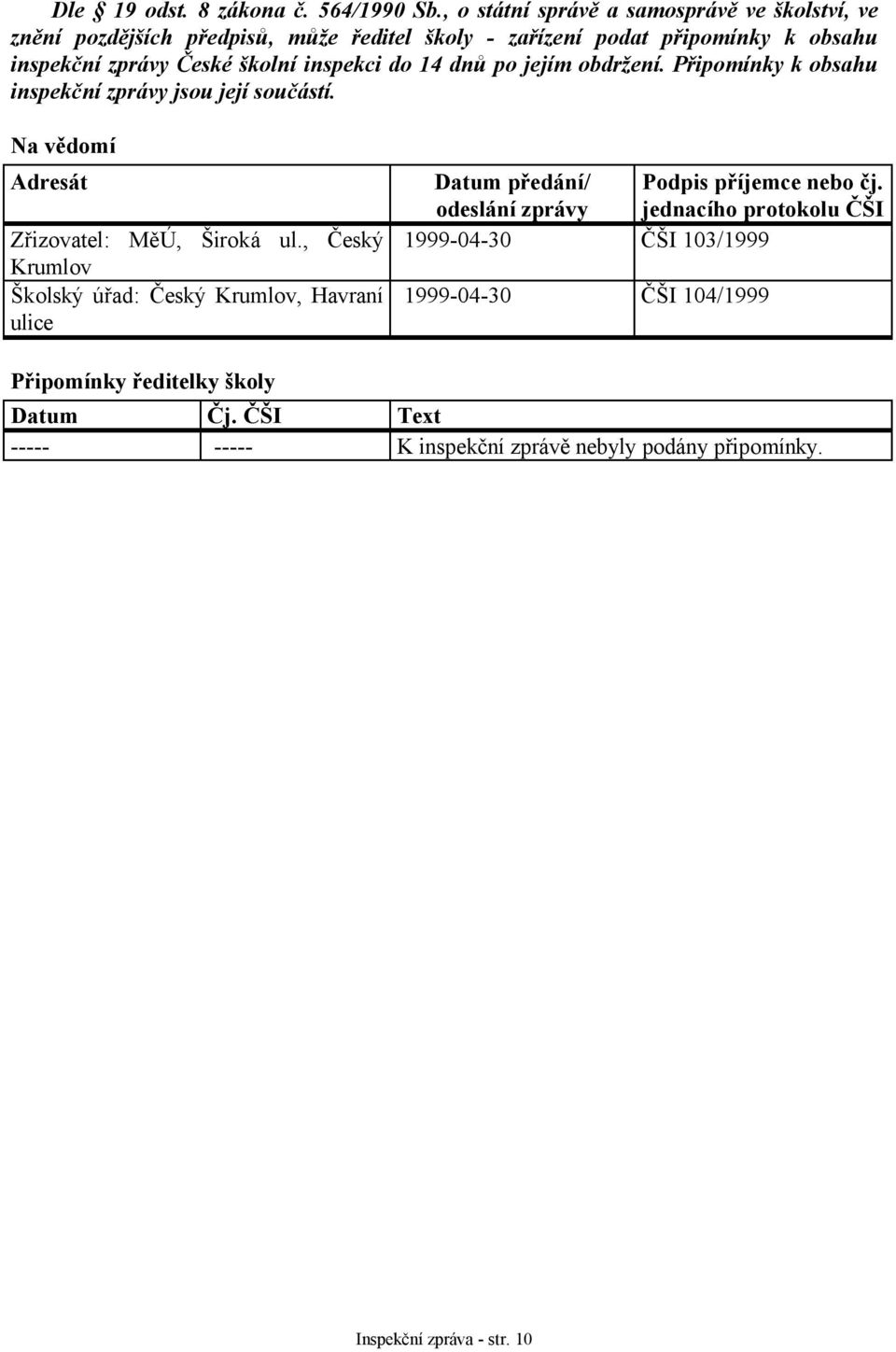 inspekci do 14 dnů po jejím obdržení. Připomínky k obsahu inspekční zprávy jsou její součástí. Na vědomí Adresát Zřizovatel: MěÚ, Široká ul.