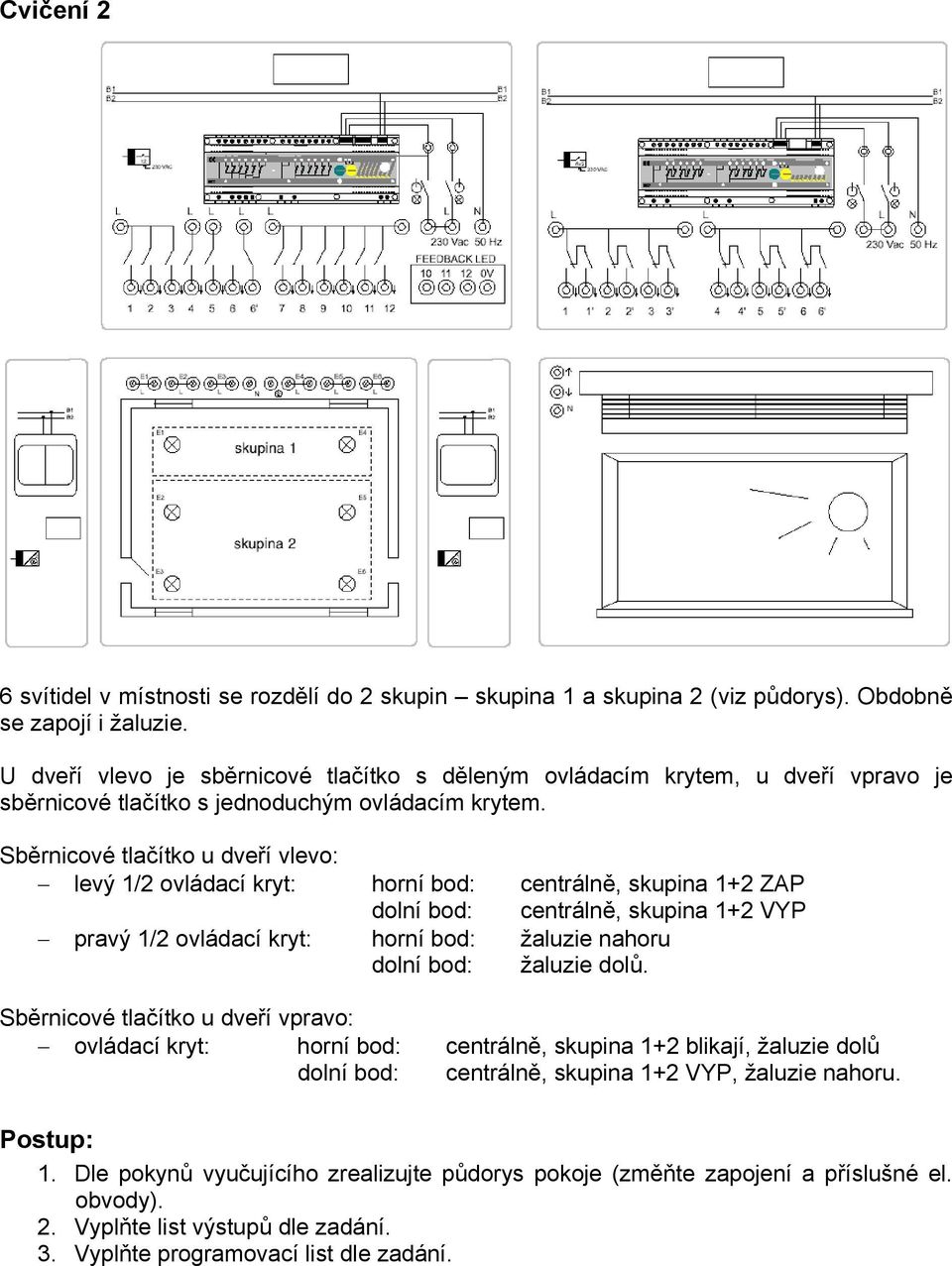 Sběrnicové tlačítko u dveří vlevo: levý 1/2 ovládací kryt: horní bod: centrálně, skupina 1+2 ZAP dolní bod: centrálně, skupina 1+2 VYP pravý 1/2 ovládací kryt: horní bod: žaluzie nahoru dolní bod: