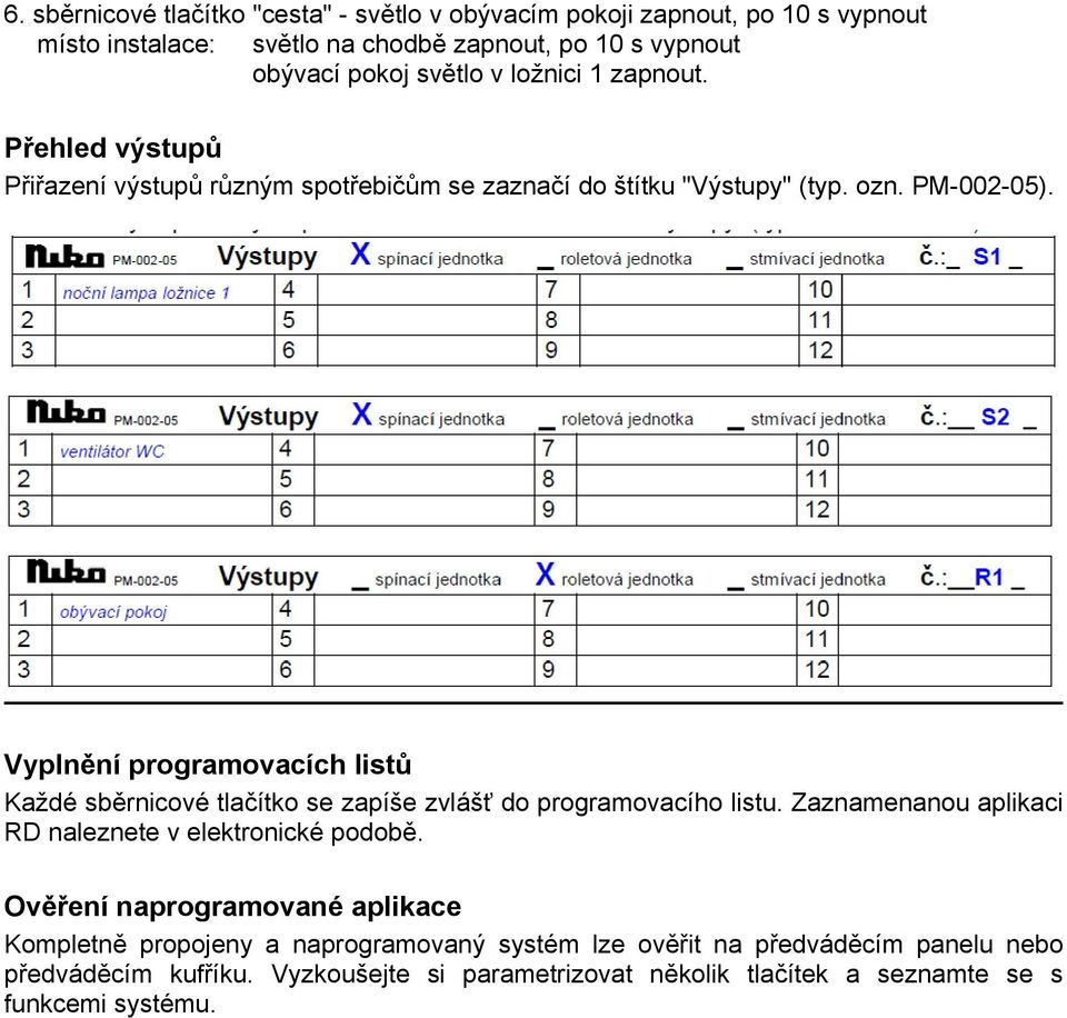 Vyplnění programovacích listů Každé sběrnicové tlačítko se zapíše zvlášť do programovacího listu. Zaznamenanou aplikaci RD naleznete v elektronické podobě.