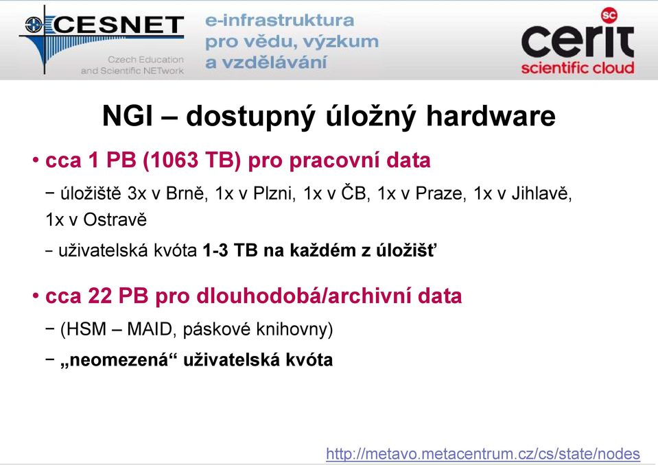 1-3 TB na každém z úložišť cca 22 PB pro dlouhodobá/archivní data (HSM MAID, páskové