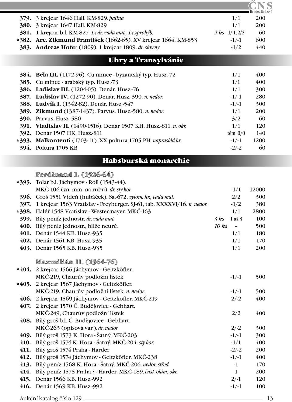 Husz.-72 1/1 400 385. Cu mince - arabský typ. Husz.-73 1/1 400 386. Ladislav III. (1204-05). Denár. Husz.-76 1/1 300 387. Ladislav IV. (1272-90). Denár. Husz.-390. n. nedor. -1/-1 280 388. Ludvík I.