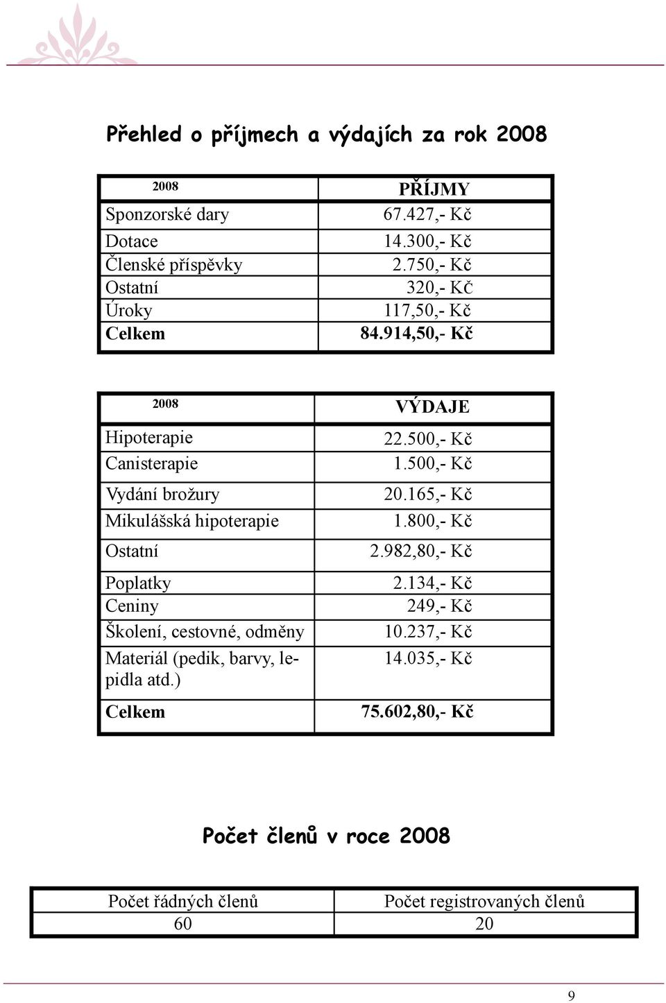 914,50,- Kč 2008 VÝDAJE Hipoterapie Canisterapie Vydání brožury Mikulášská hipoterapie Ostatní Poplatky Ceniny Školení, cestovné, odměny
