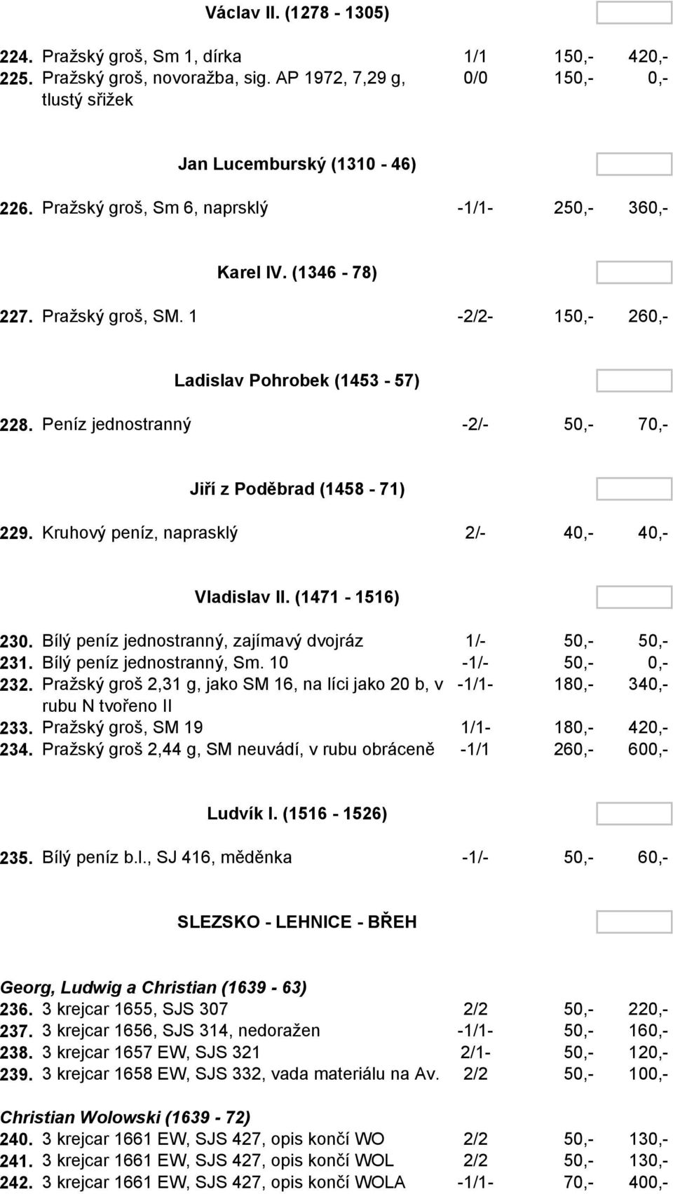 Peníz jednostranný -2/- 50,- 70,- Jiří z Poděbrad (1458-71) 229. Kruhový peníz, naprasklý 2/- 40,- 40,- Vladislav II. (1471-1516) 230. Bílý peníz jednostranný, zajímavý dvojráz 1/- 50,- 50,- 231.