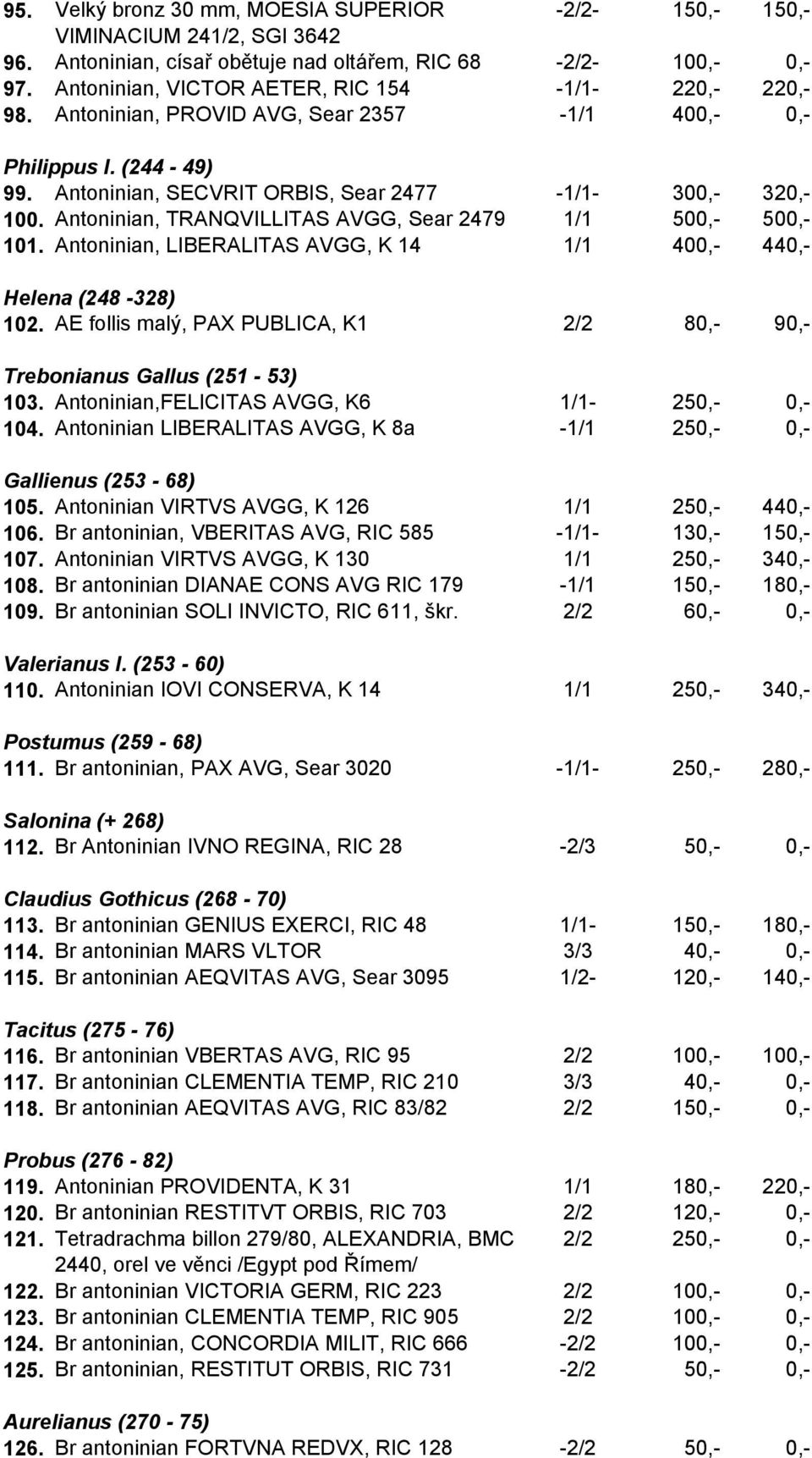 Antoninian, TRANQVILLITAS AVGG, Sear 2479 1/1 500,- 500,- 101. Antoninian, LIBERALITAS AVGG, K 14 1/1 400,- 440,- Helena (248-328) 102.