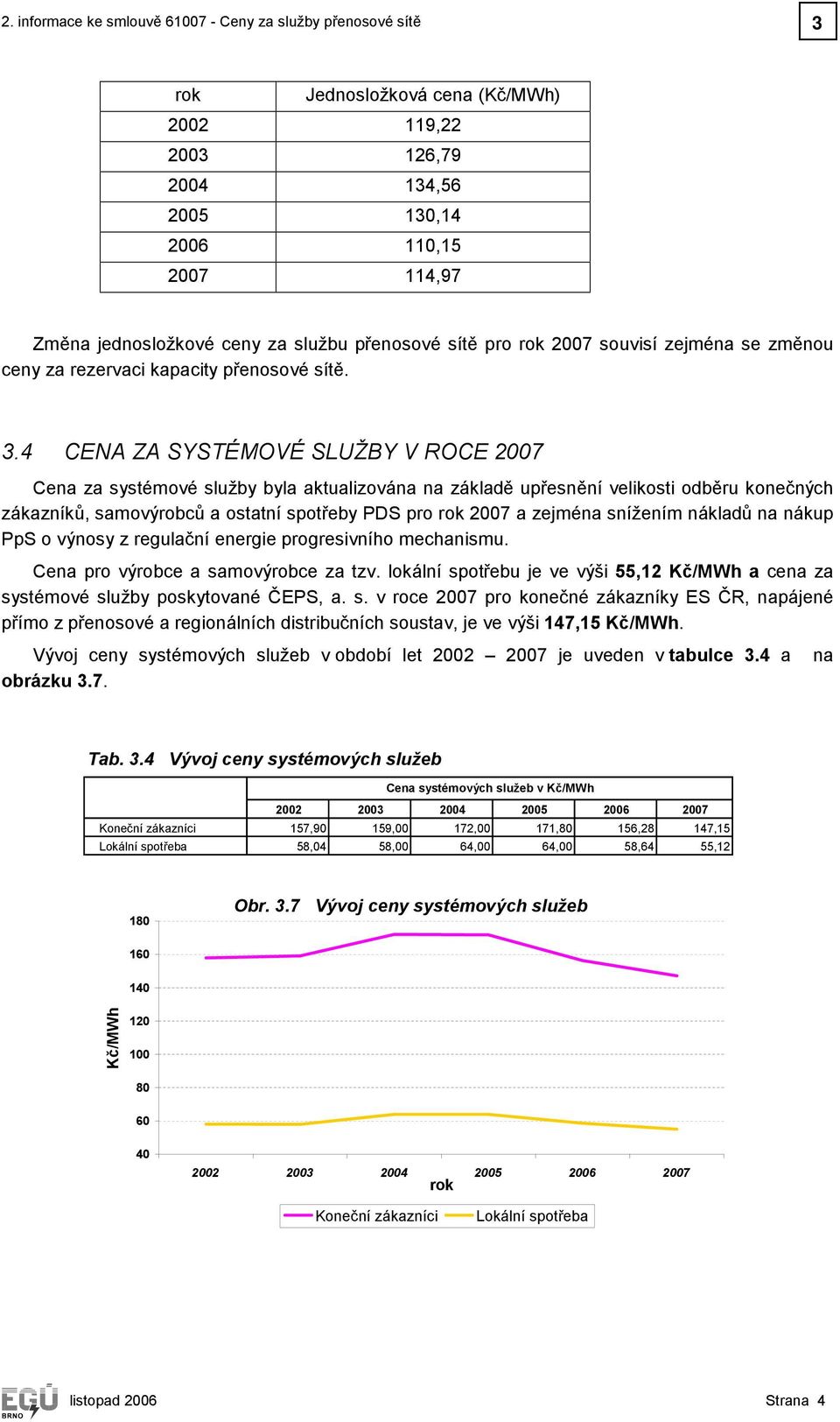 CENA ZA SYSTÉMOVÉ SLUŽBY V ROCE 2007 Cena za systémové služby byla aktualizována na základě upřesnění velikosti odběru konečných zákazníků, samovýrobců a ostatní spotřeby PDS pro 2007 a zejména