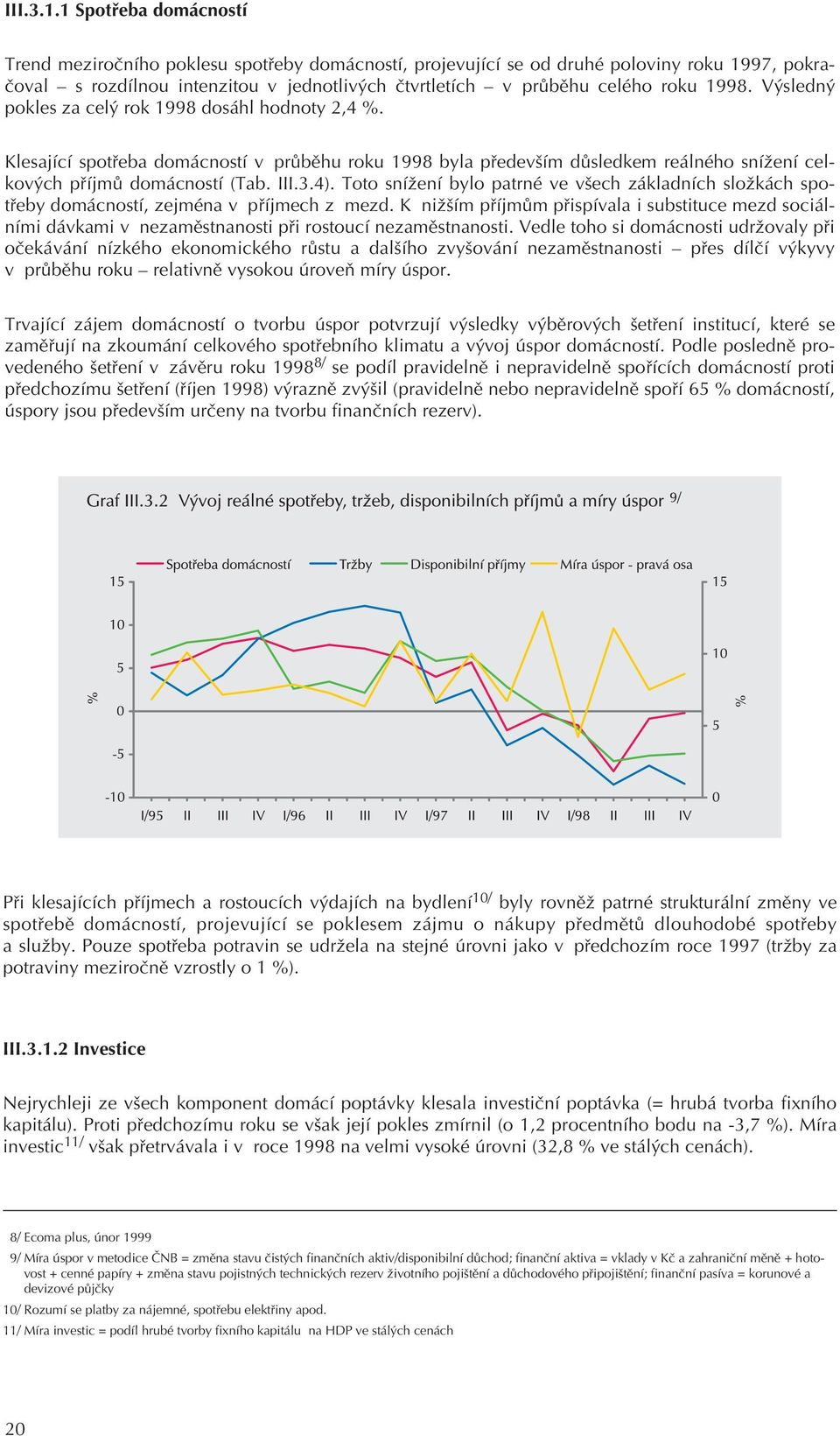 1998. Výsledný pokles za celý rok 1998 dosáhl hodnoty 2,4 %. Klesající spotøeba domácností v prùbìhu roku 1998 byla pøedevším dùsledkem reálného snížení celkových pøíjmù domácností (Tab. III.3.4).