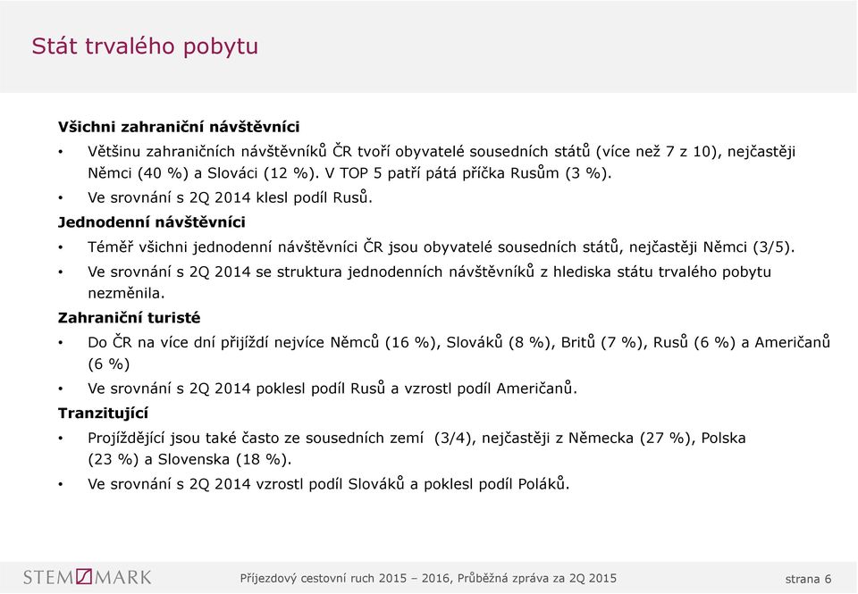 Ve srovnání s Q se struktura jednodenních návštěvníků z hlediska státu trvalého pobytu nezměnila.