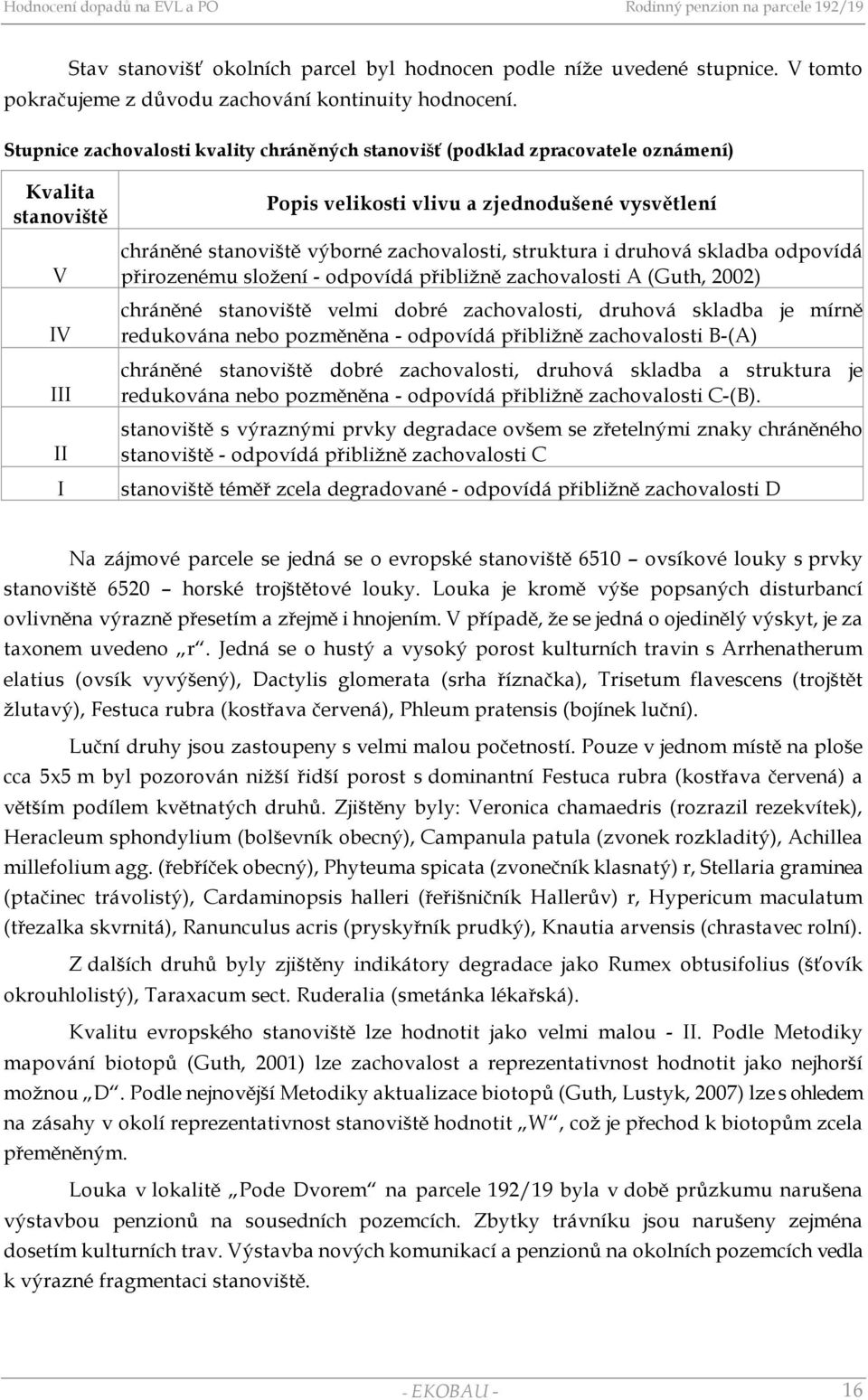 zachovalosti, struktura i druhová skladba odpovídá přirozenému složení - odpovídá přibližně zachovalosti A (Guth, 2002) chráněné stanoviště velmi dobré zachovalosti, druhová skladba je mírně