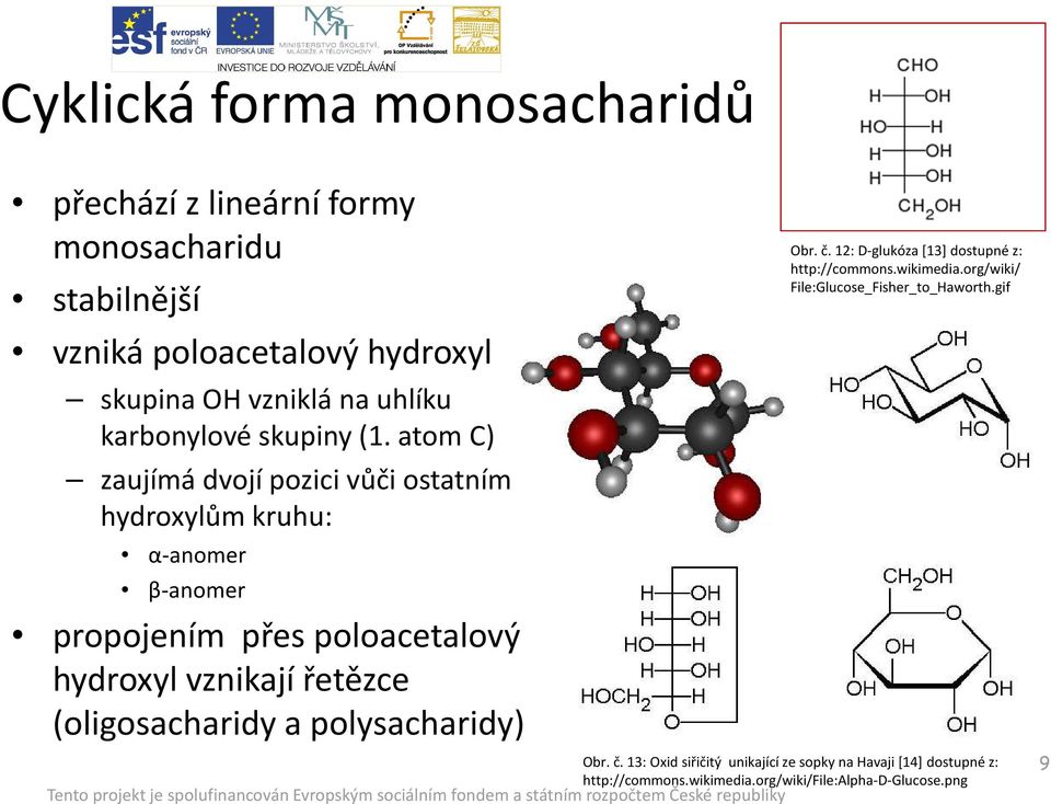 atom C) zaujímá dvojí pozici vůči ostatním hydroxylům kruhu: α-anomer β-anomer propojením přes poloacetalový hydroxyl vznikají řetězce