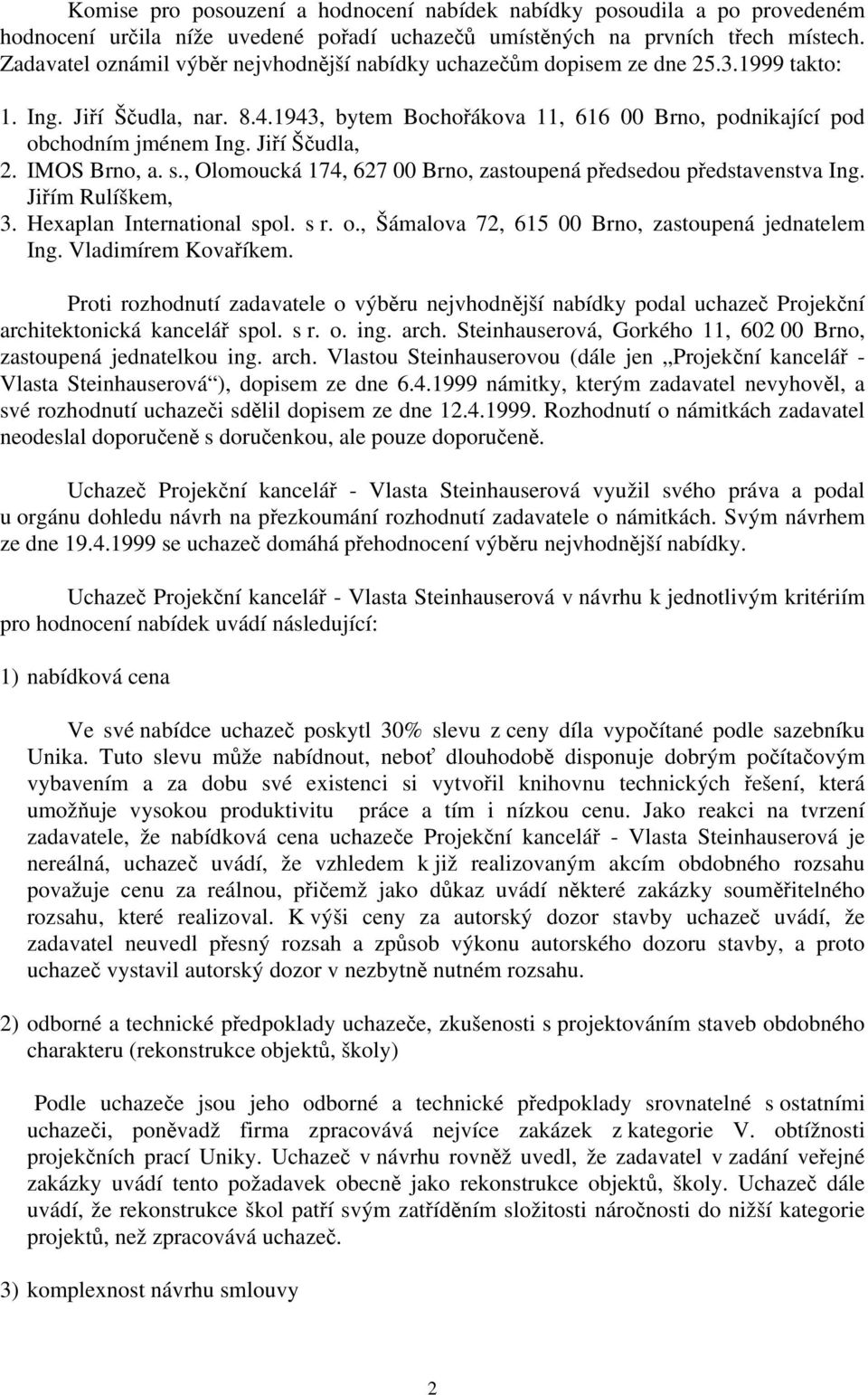 Jiří Ščudla, 2. IMOS Brno, a. s., Olomoucká 174, 627 00 Brno, zastoupená předsedou představenstva Ing. Jiřím Rulíškem, 3. Hexaplan International spol. s r. o.