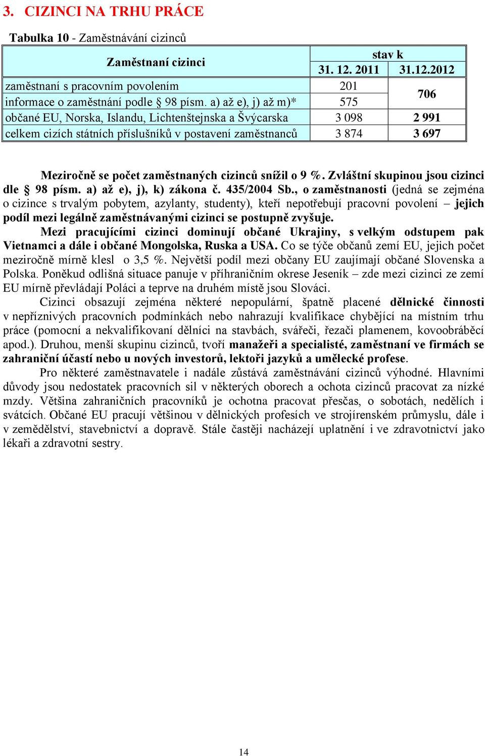 cizinců sníţil o 9 %. Zvláštní skupinou jsou cizinci dle 98 písm. a) aţ e), j), k) zákona č. 435/2004 Sb.