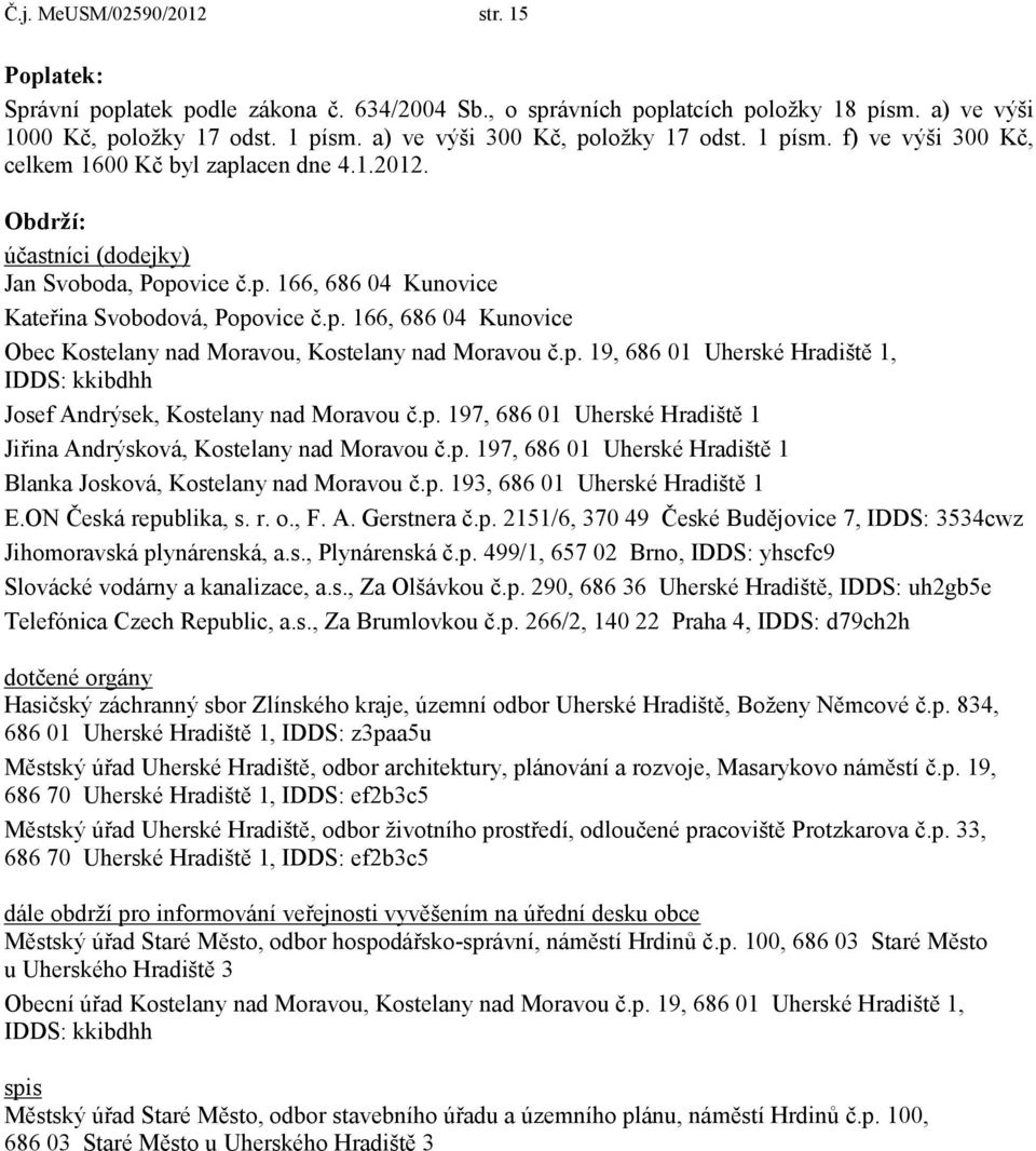 p. 166, 686 04 Kunovice Obec Kostelany nad Moravou, Kostelany nad Moravou č.p. 19, 686 01 Uherské Hradiště 1, IDDS: kkibdhh Josef Andrýsek, Kostelany nad Moravou č.p. 197, 686 01 Uherské Hradiště 1 Jiřina Andrýsková, Kostelany nad Moravou č.