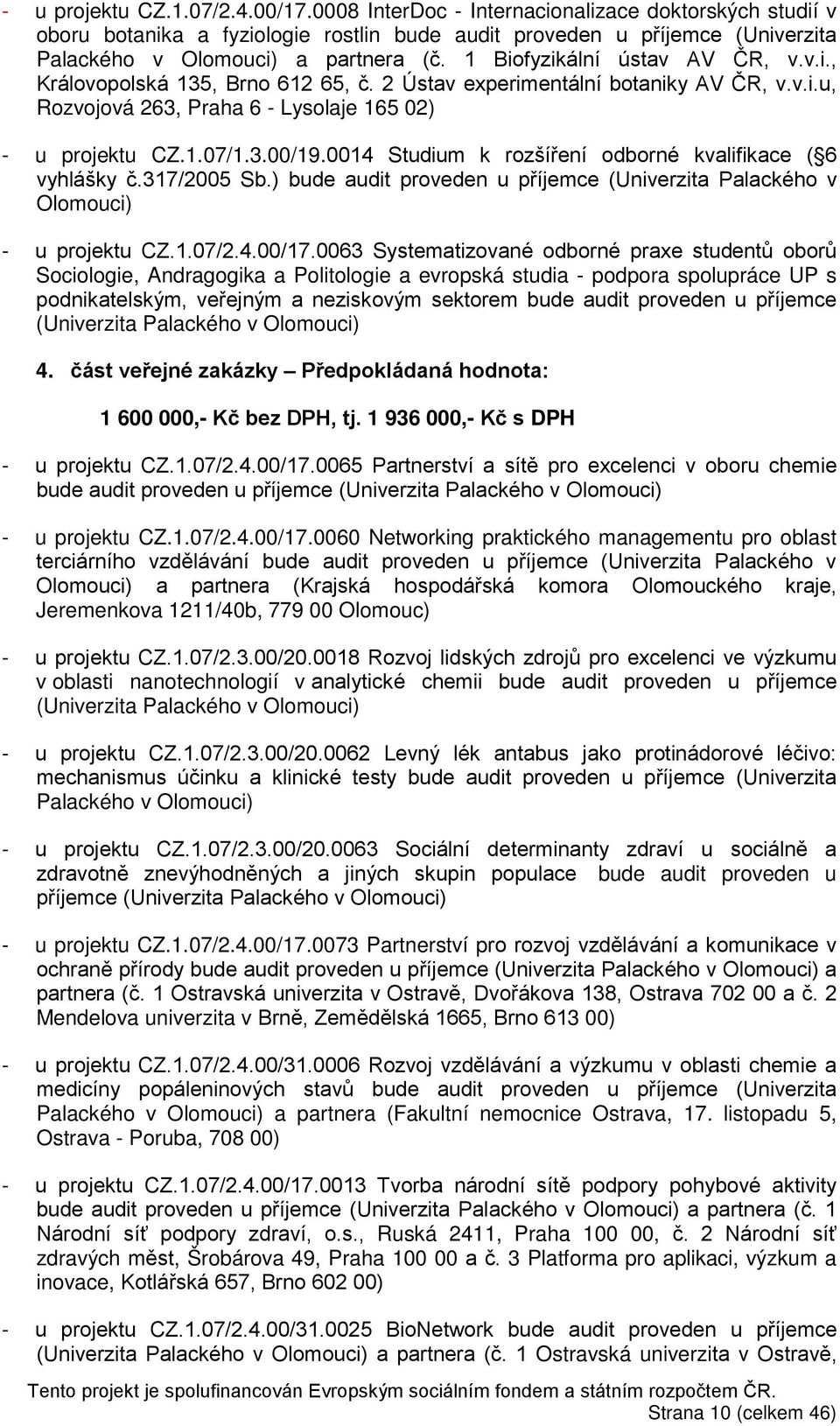 1 Biofyzikální ústav AV ČR, v.v.i., Královopolská 135, Brno 612 65, č. 2 Ústav experimentální botaniky AV ČR, v.v.i.u, Rozvojová 263, Praha 6 - Lysolaje 165 02) - u projektu CZ.1.07/1.3.00/19.